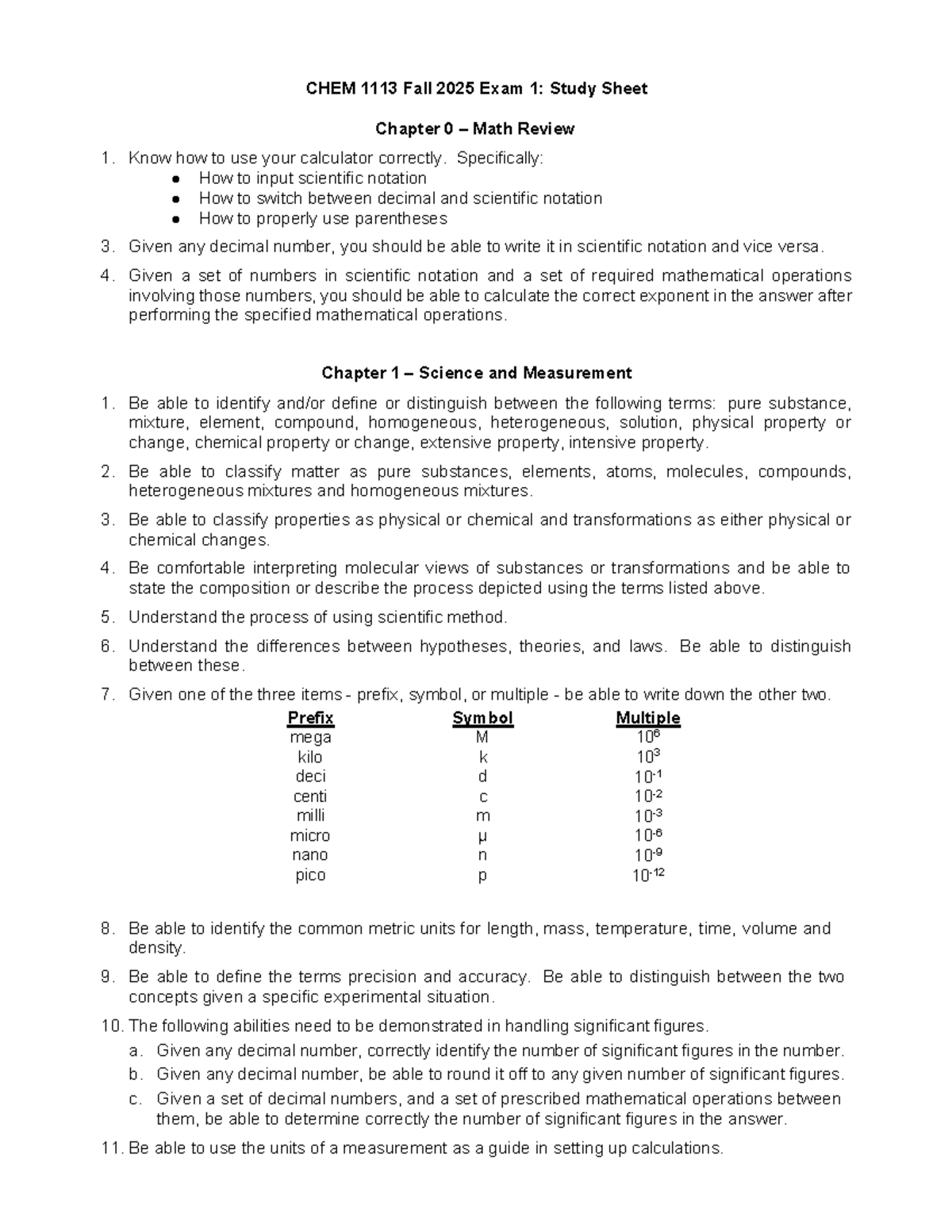 CHEM 1113 Fall 2025 Exam 1: Comprehensive Study Guide - Studocu