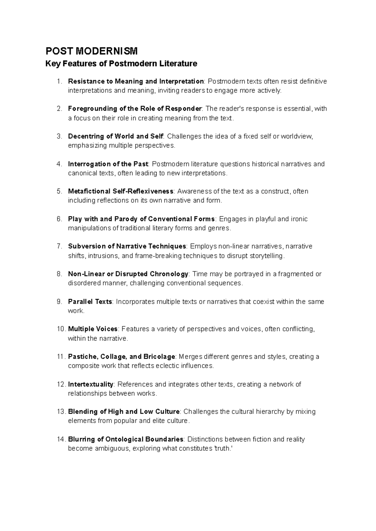 ENG 201 - Postmodernism: Key Features and Literary Techniques Notes ...