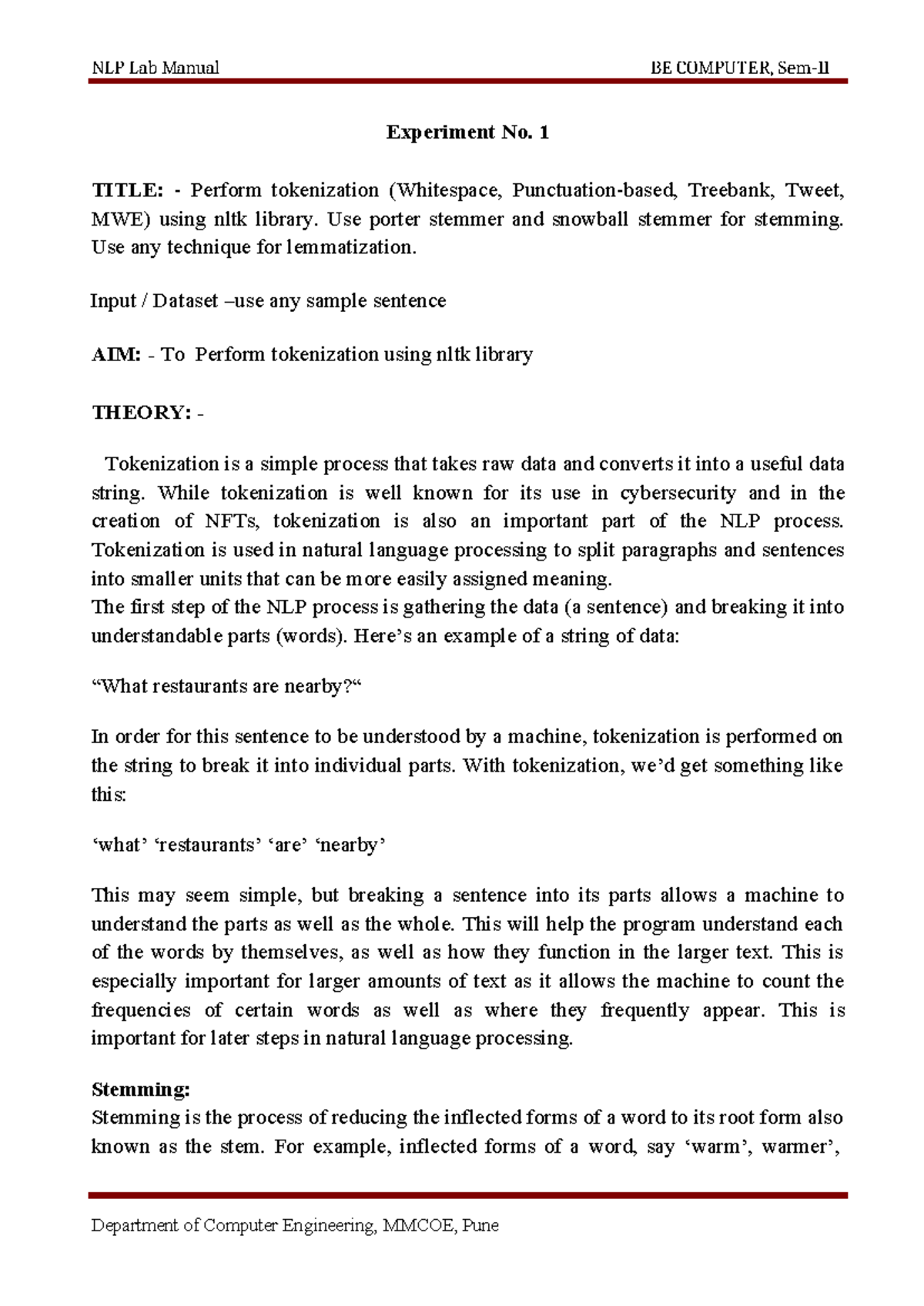 NLP Lab Manual - BE COMPUTER, Sem-II: Tokenization, Stemming ...