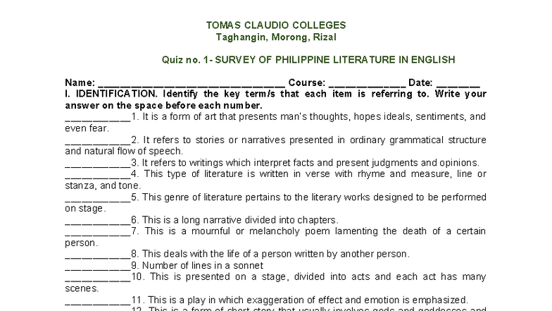 TOMAS CLAUDIO COLLEGES Quiz: Survey of Philippine Literature in English ...