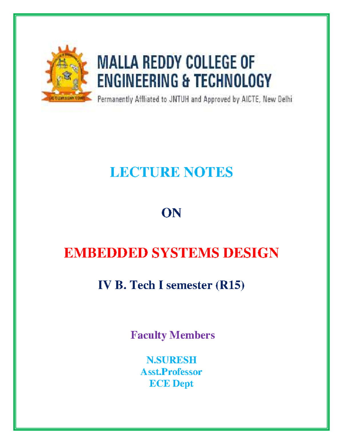 LECTURE NOTES ON EMBEDDED SYSTEMS DESIGN (R15) - N. SURESH, ECE Dept ...