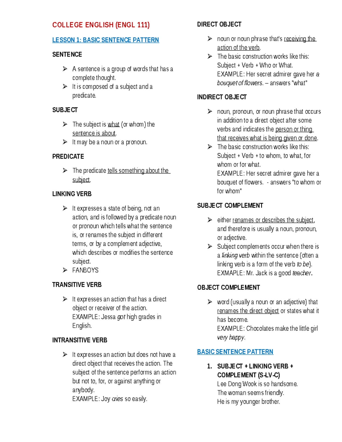 ENG101 Lecture Notes: Listening Types, Sentence Patterns & Verb Tenses ...