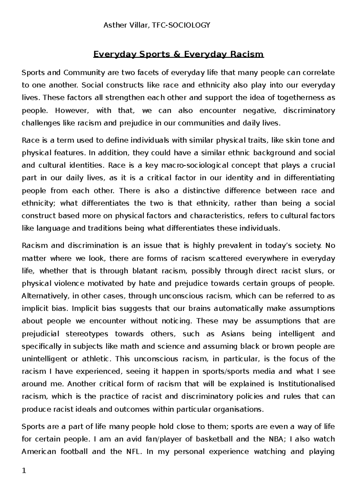 Socio Essay: Everyday Racism in Sports and Community - Asther Villar ...