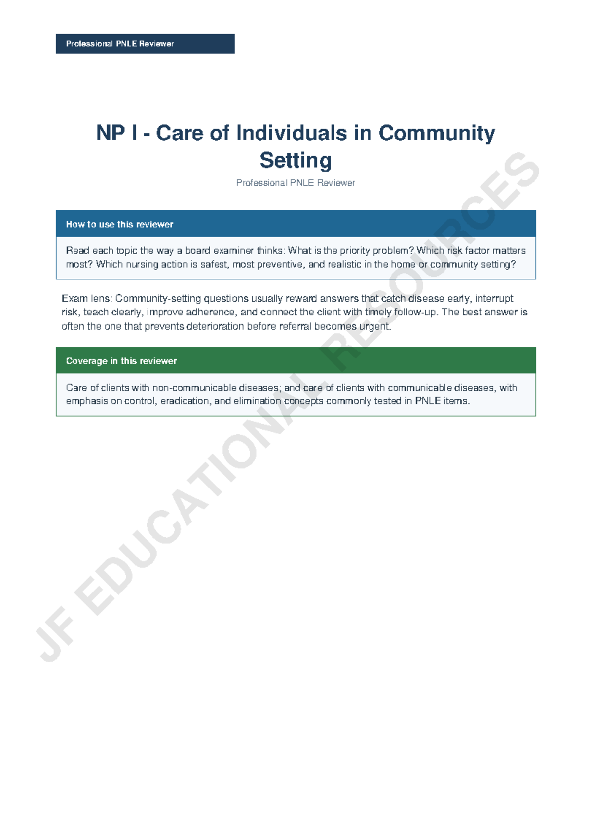 Professional PNLE Reviewer NP I: Community Care for Individuals and NCDs - Document Preview