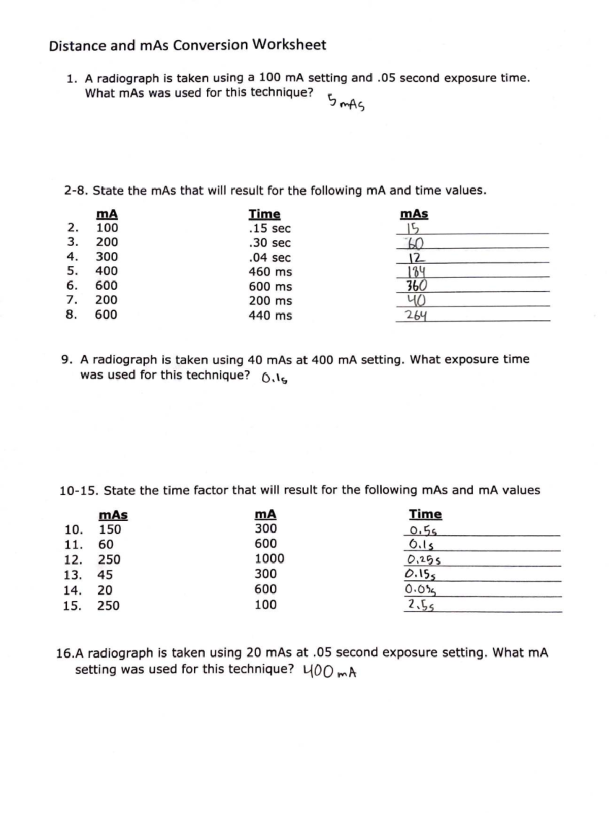 Distance and mAs Conversion Worksheet 1 for Radiography - Studocu