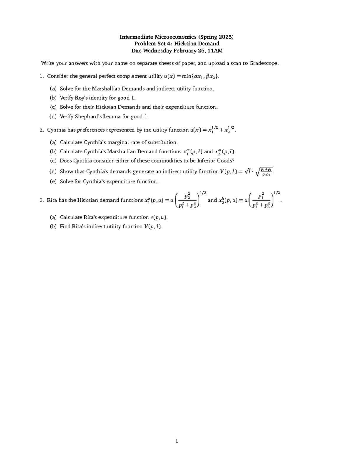 HW2 2 - Intermediate Microeconomics Problem Set 2: Consumer Issues ...
