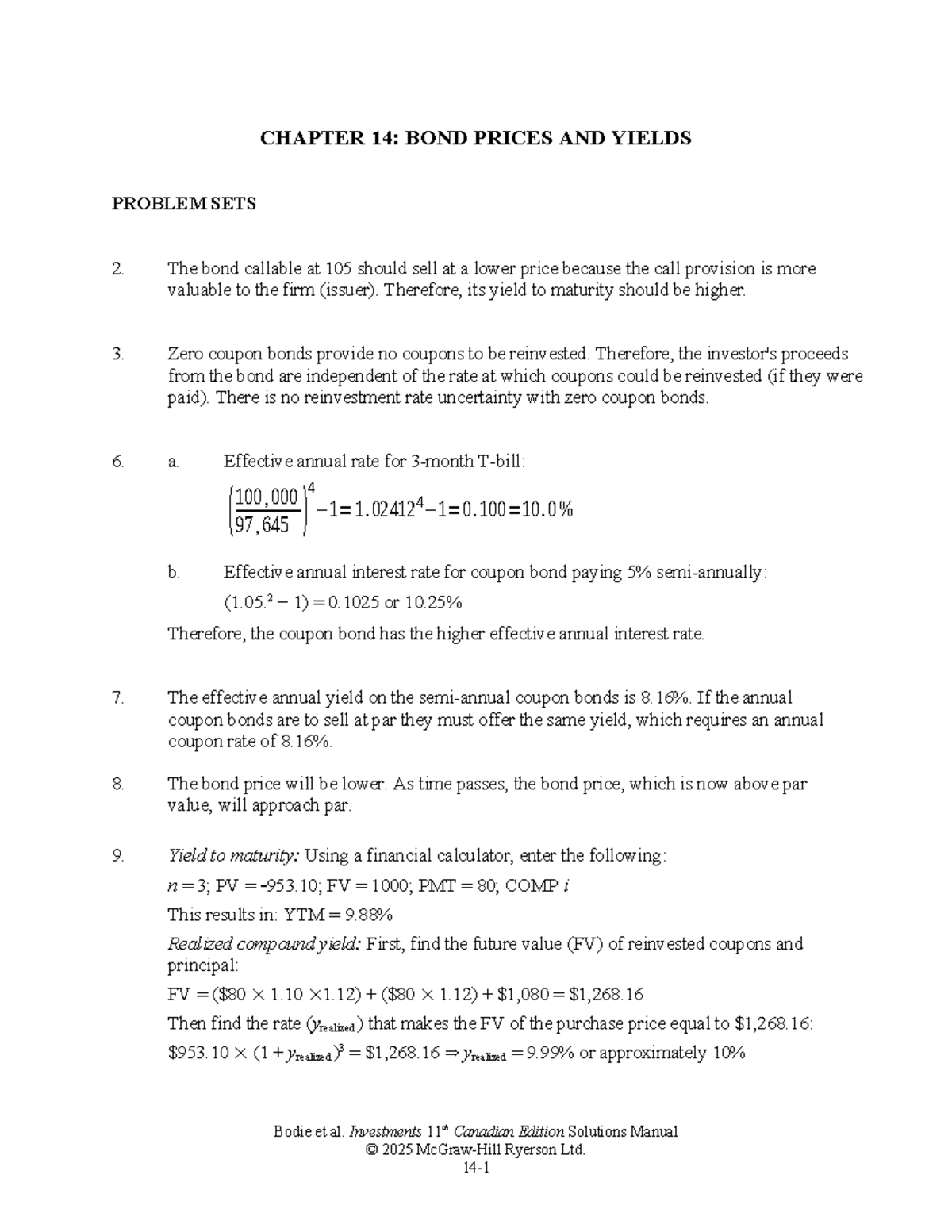 CHAPTER 14: BOND PRICES AND YIELDS SOLUTIONS & PROBLEM SETS - Studocu