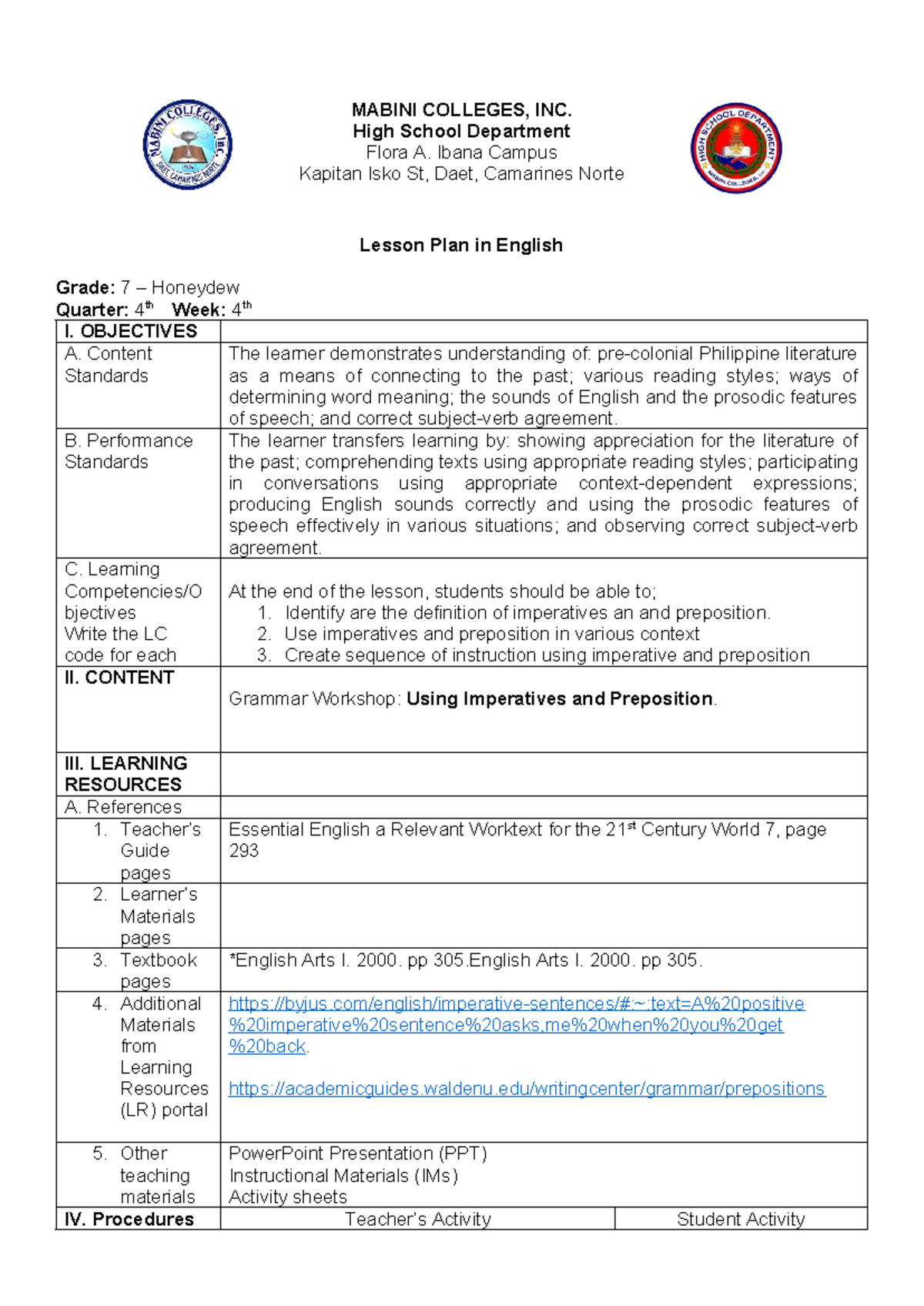 Grade 7 English Lesson Plan: Imperatives & Prepositions (4th Quarter ...
