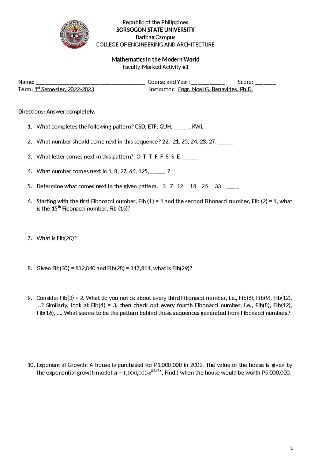 FMA #1: Nature of Mathematics Activity - Sorsogon State University ...