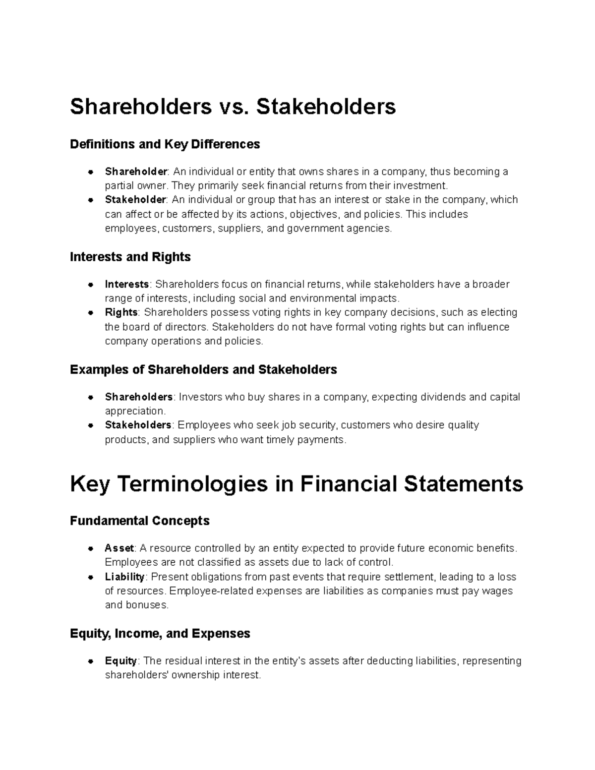 BUSN1001 summary notes on shareholders and stakeholders differences ...