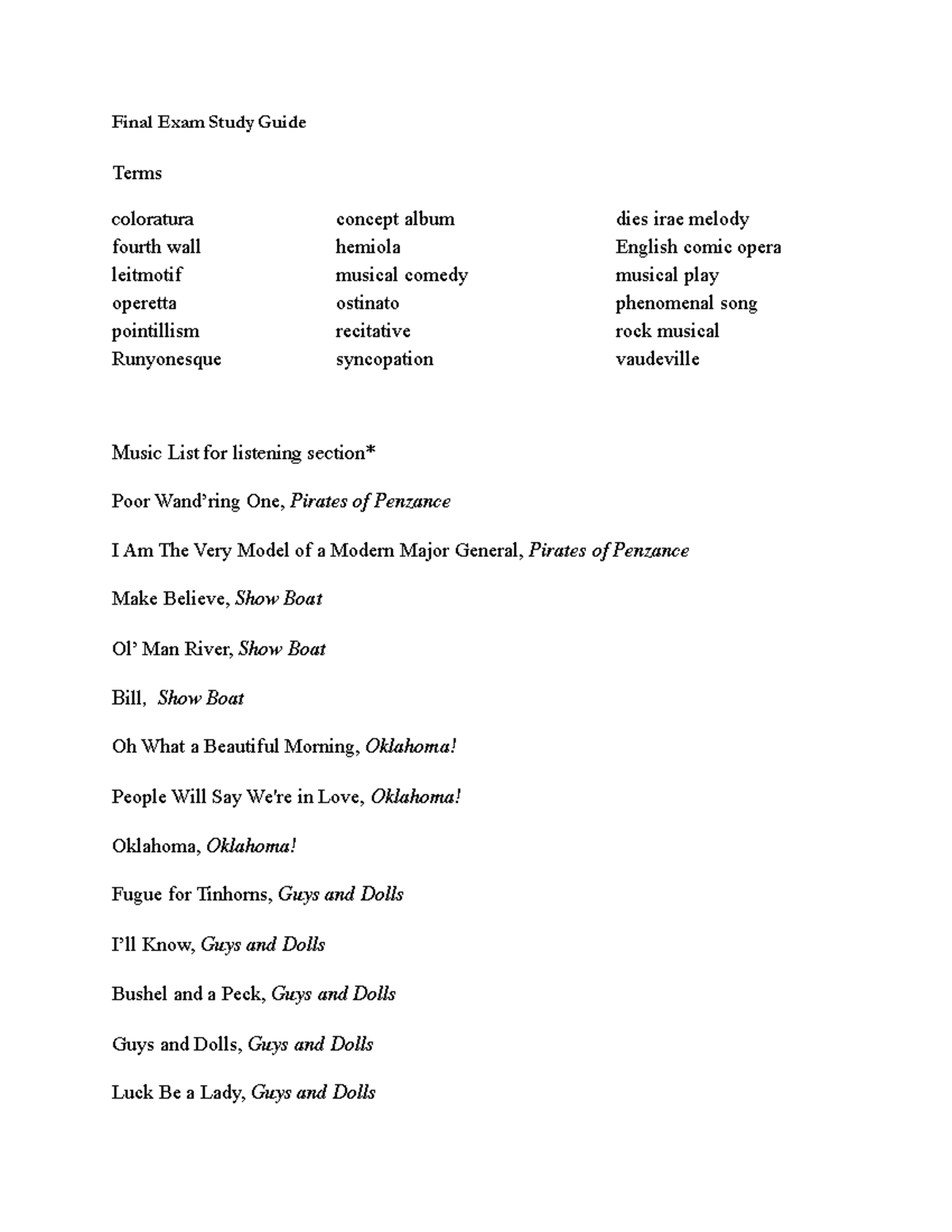 MT 101 Final Exam Study Guide: Key Terms & Listening List - Studocu