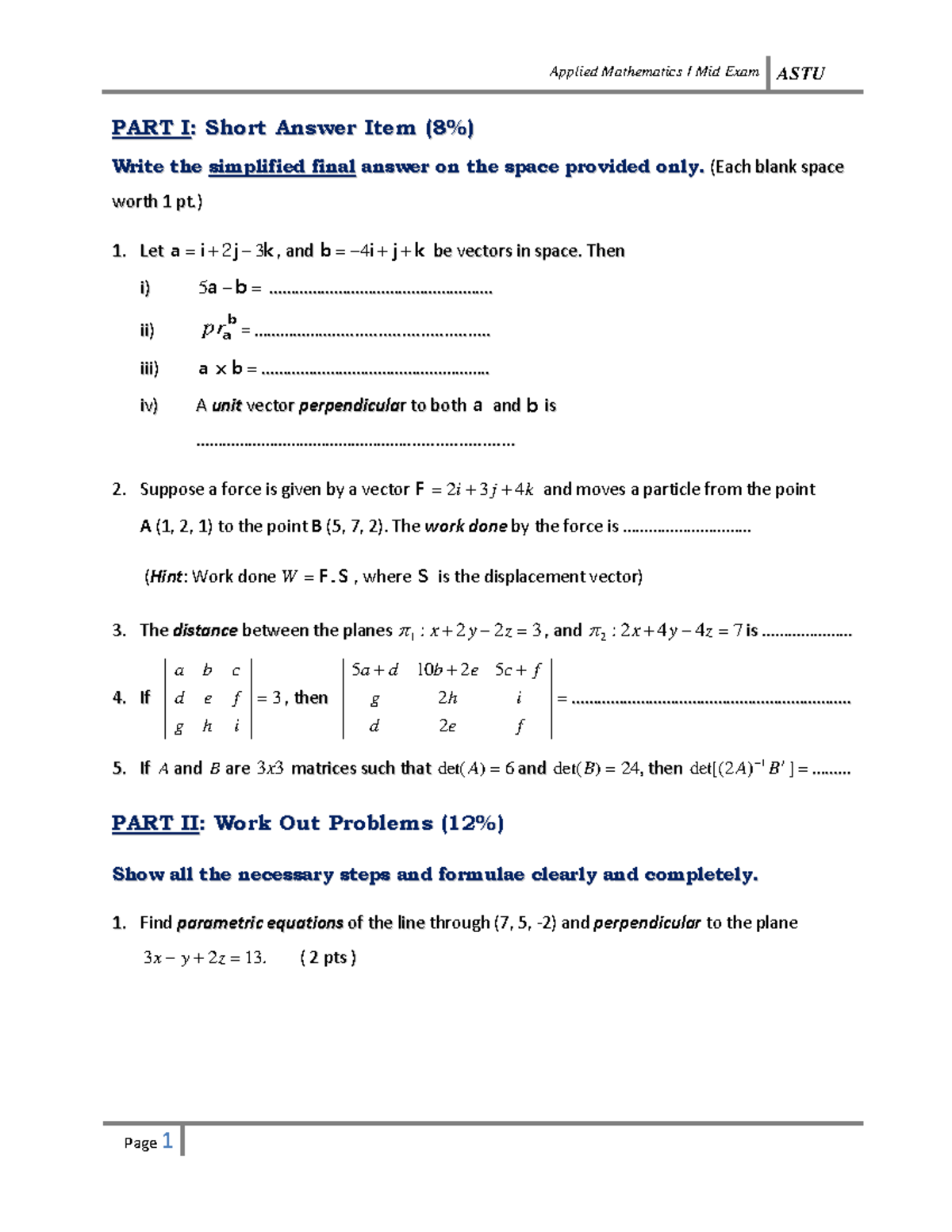 Applied Mathematics I Mid Exam ASTU: Short Answer & Work Out Problems ...