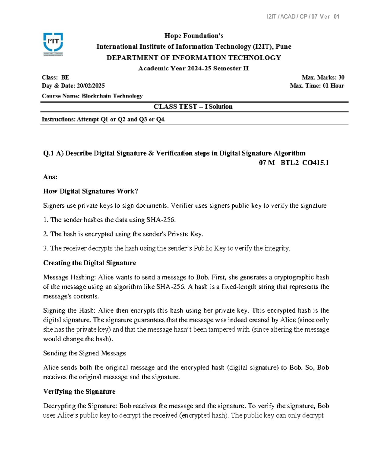 UNIT TEST 1 Solutions: Digital Signatures, Blockchain & Cryptography ...