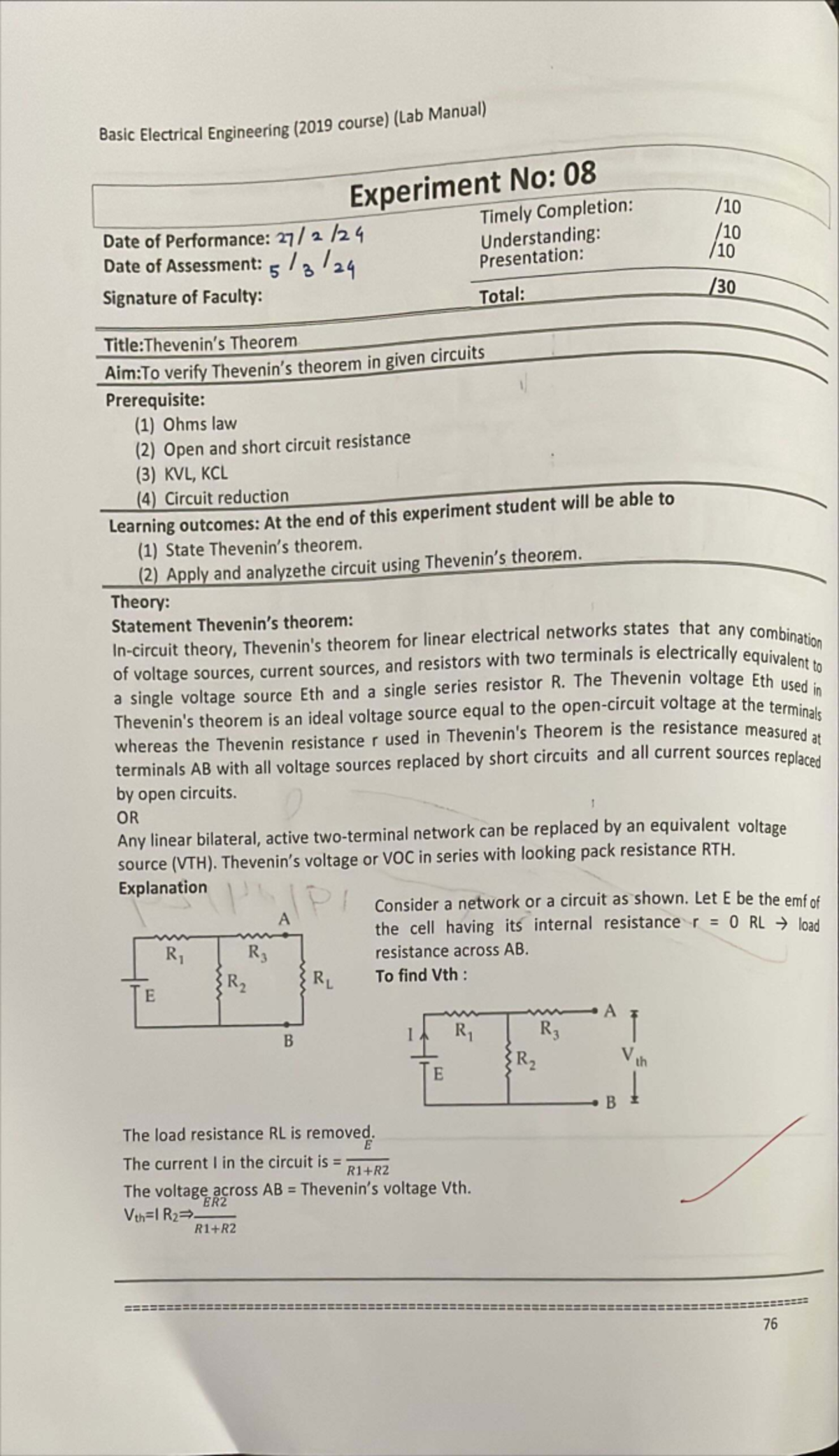 Basic Electrical Engineering (2019) Lab Manual: Thevenin's Theorem ...