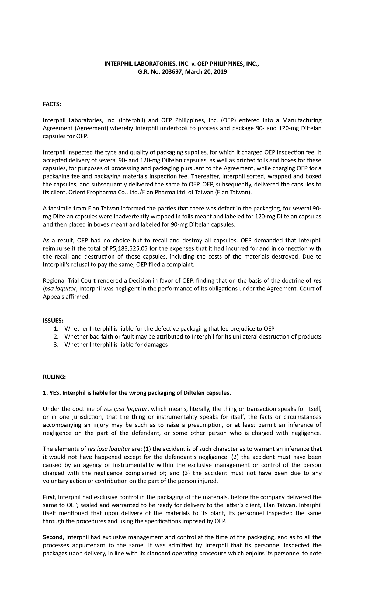 Interphil v. OEP - Case Digest G.R. No. 203697 Analysis - Studocu