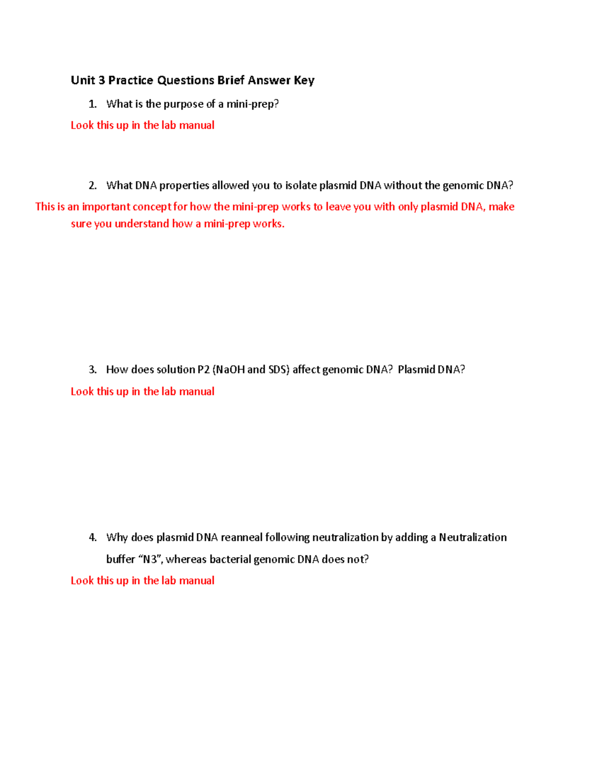 Unit 3 Lab Practice Questions Answer Key: Plasmid DNA Isolation - Studocu