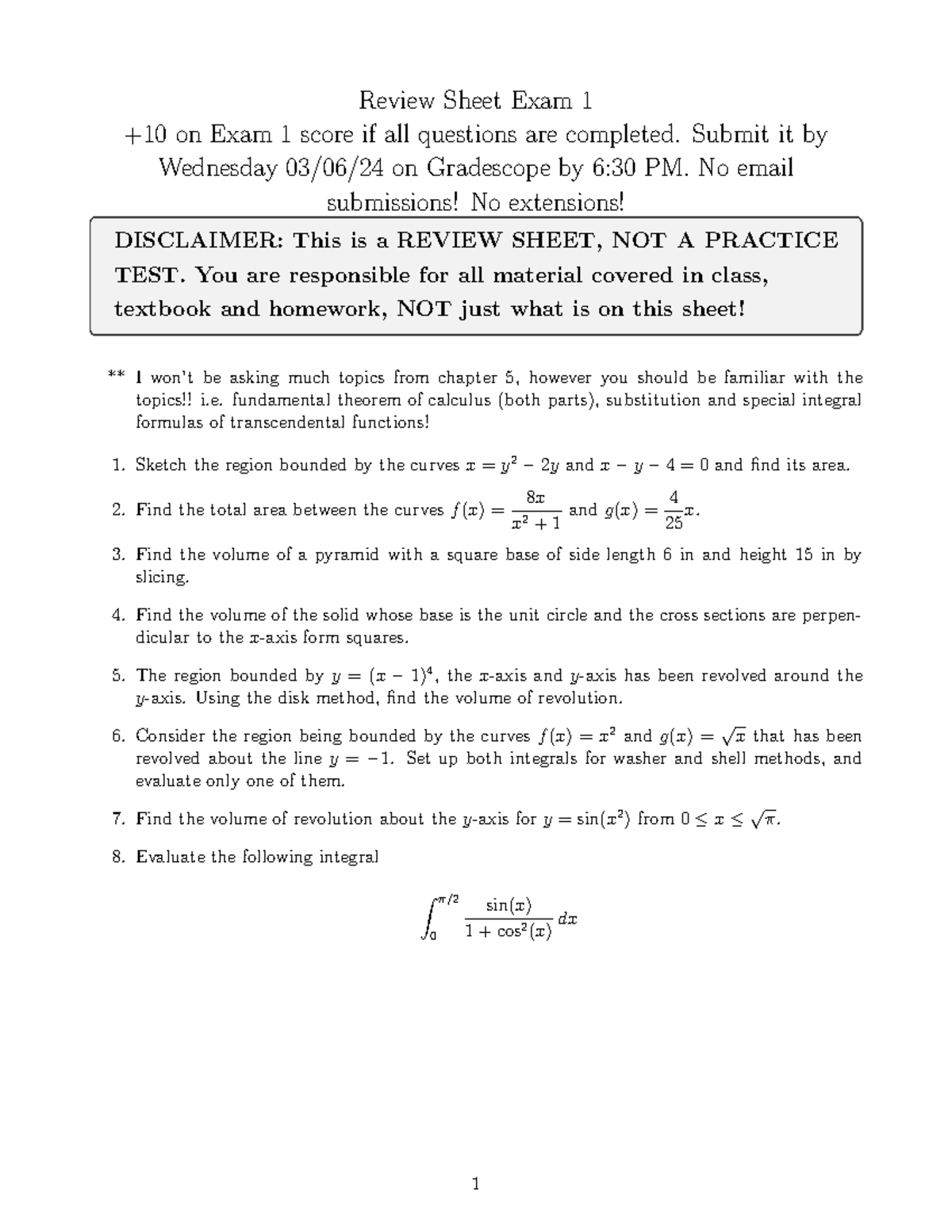 MTH232 Review Sheet for Exam 1 - Spring 2024 - Studocu