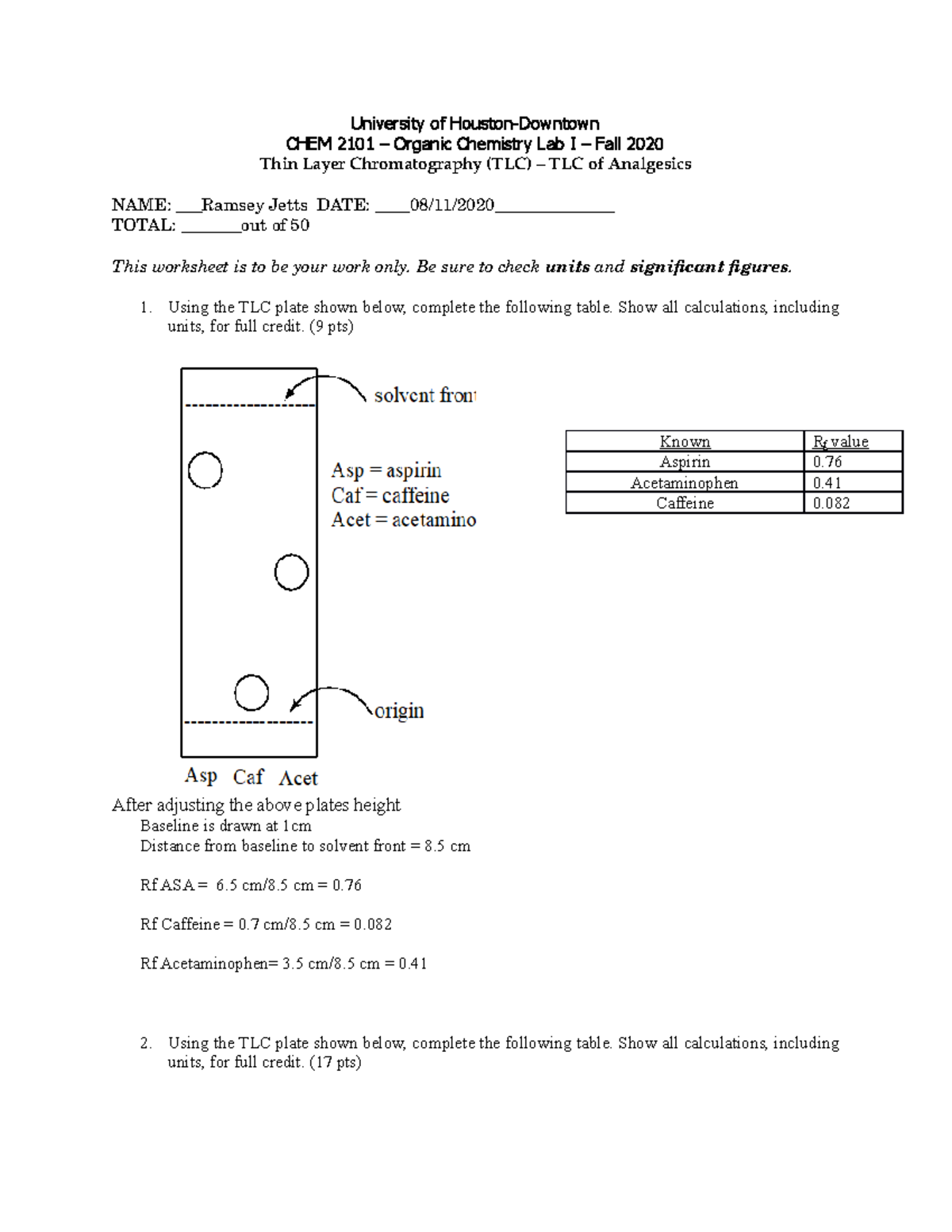 CHEM 2101 - TLC Analysis of Analgesics Lab Report - Fall 2020 - Studocu