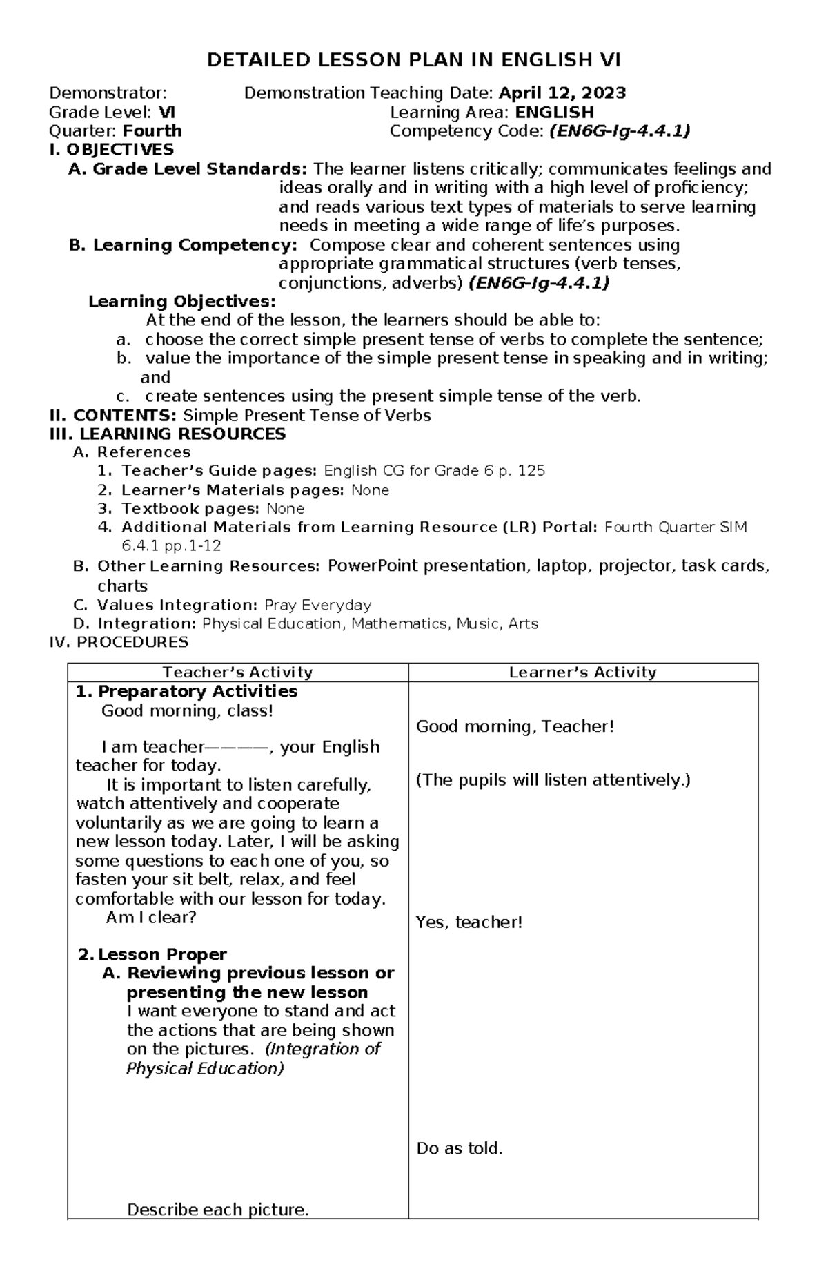 Detailed Lesson Plan: Simple Present Tense for English VI - Studocu