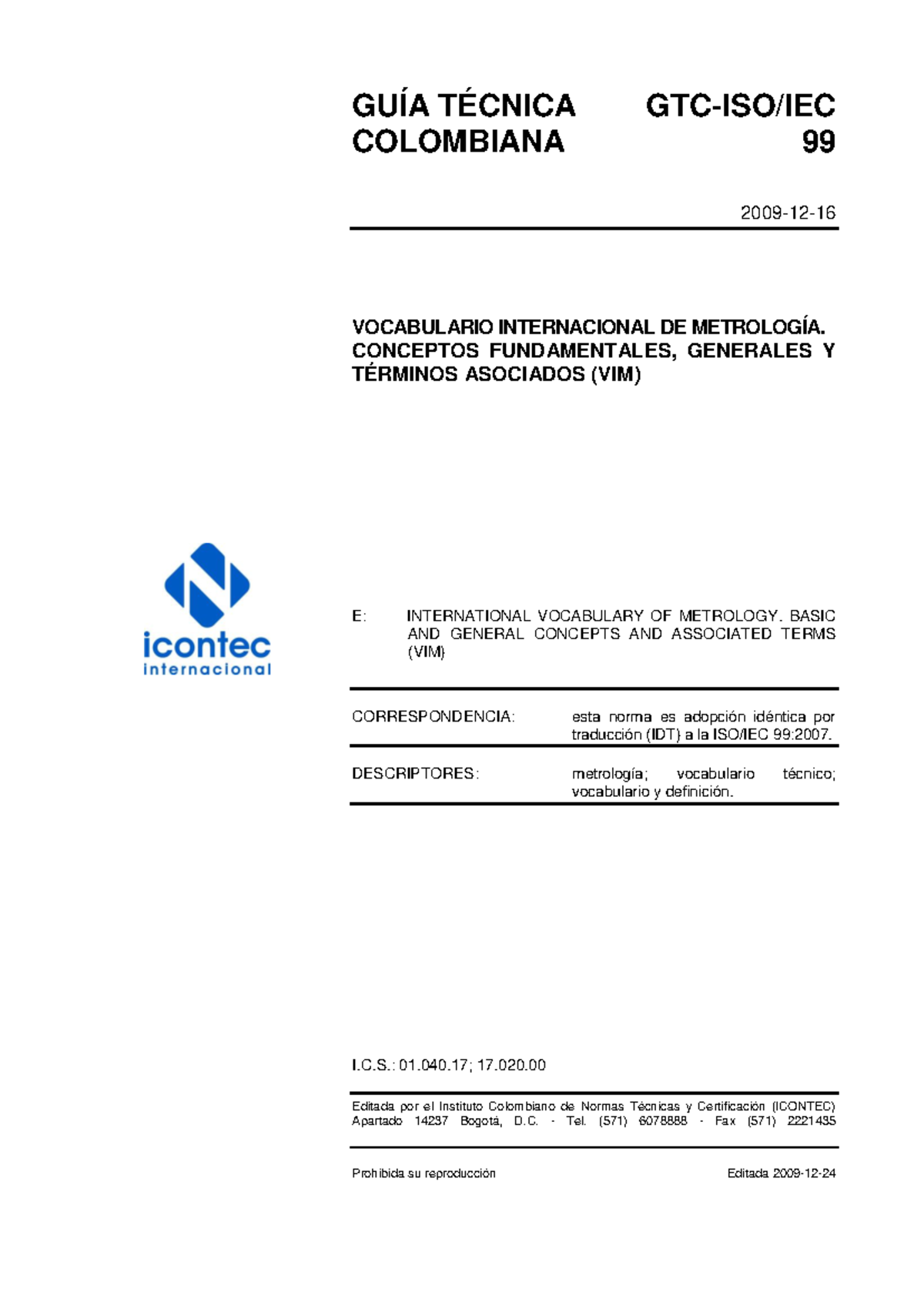 GTC ISO/IEC 99:2009 - Vocabulario Internacional de Metrología - Studocu