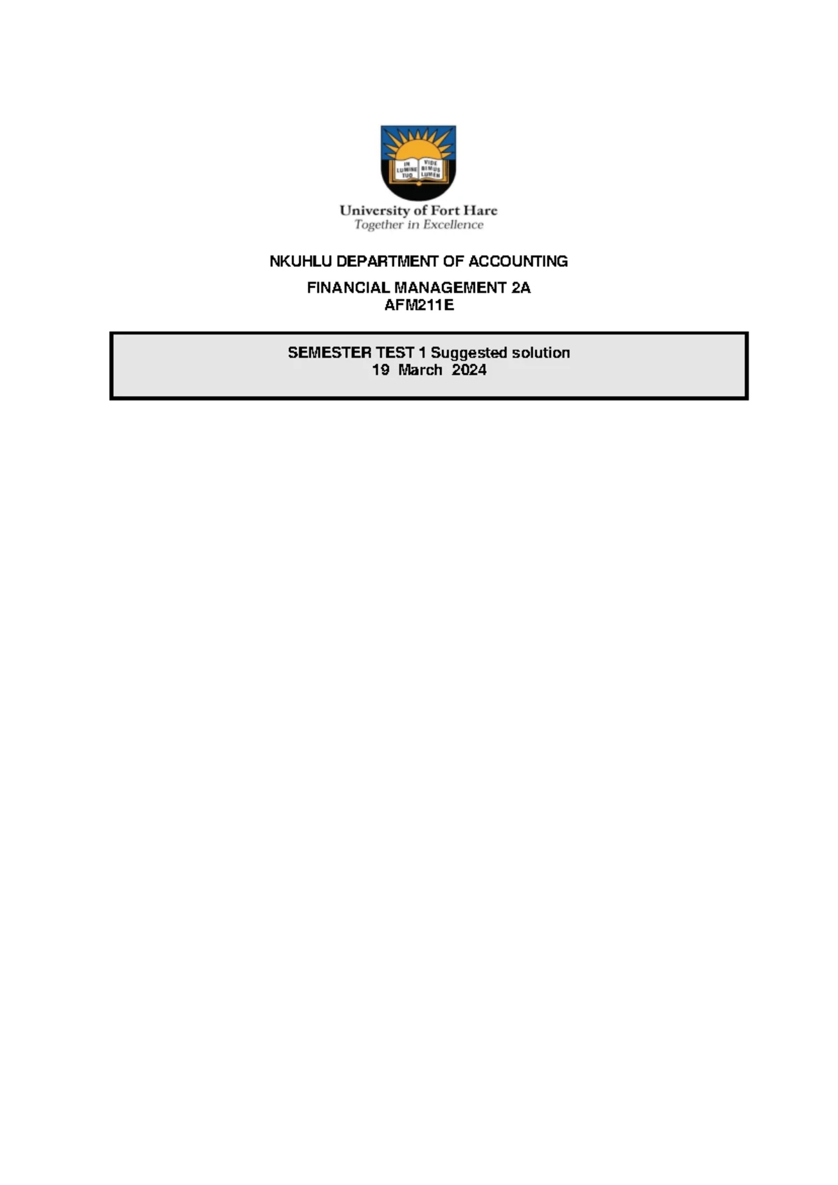 AFM211E Financial Management 2A Tut Test 2 - 25 April 2025 - Studocu