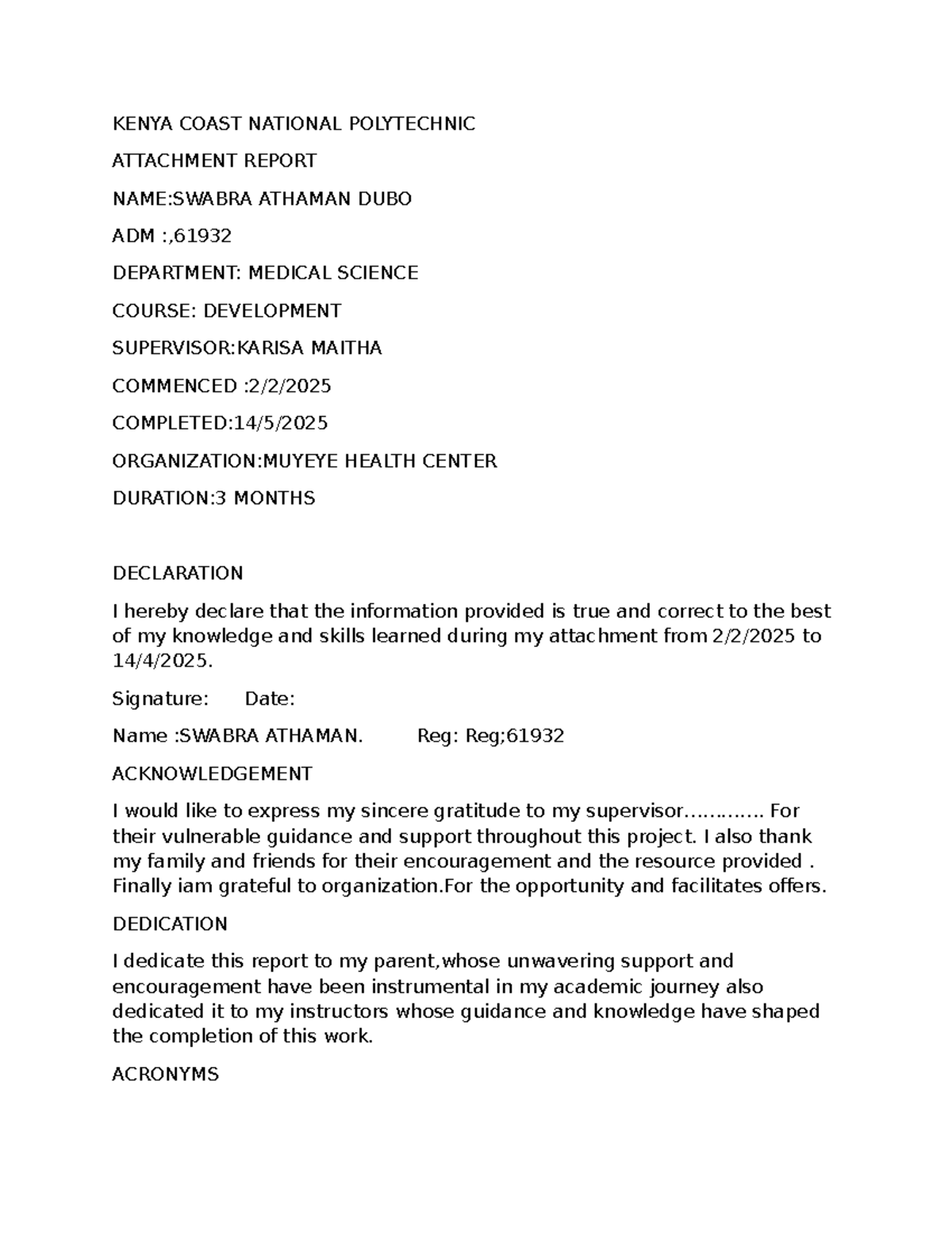 KENYA COAST NATIONAL POLYTECHNIC MEDICAL SCIENCE ATTACHMENT REPORT ...