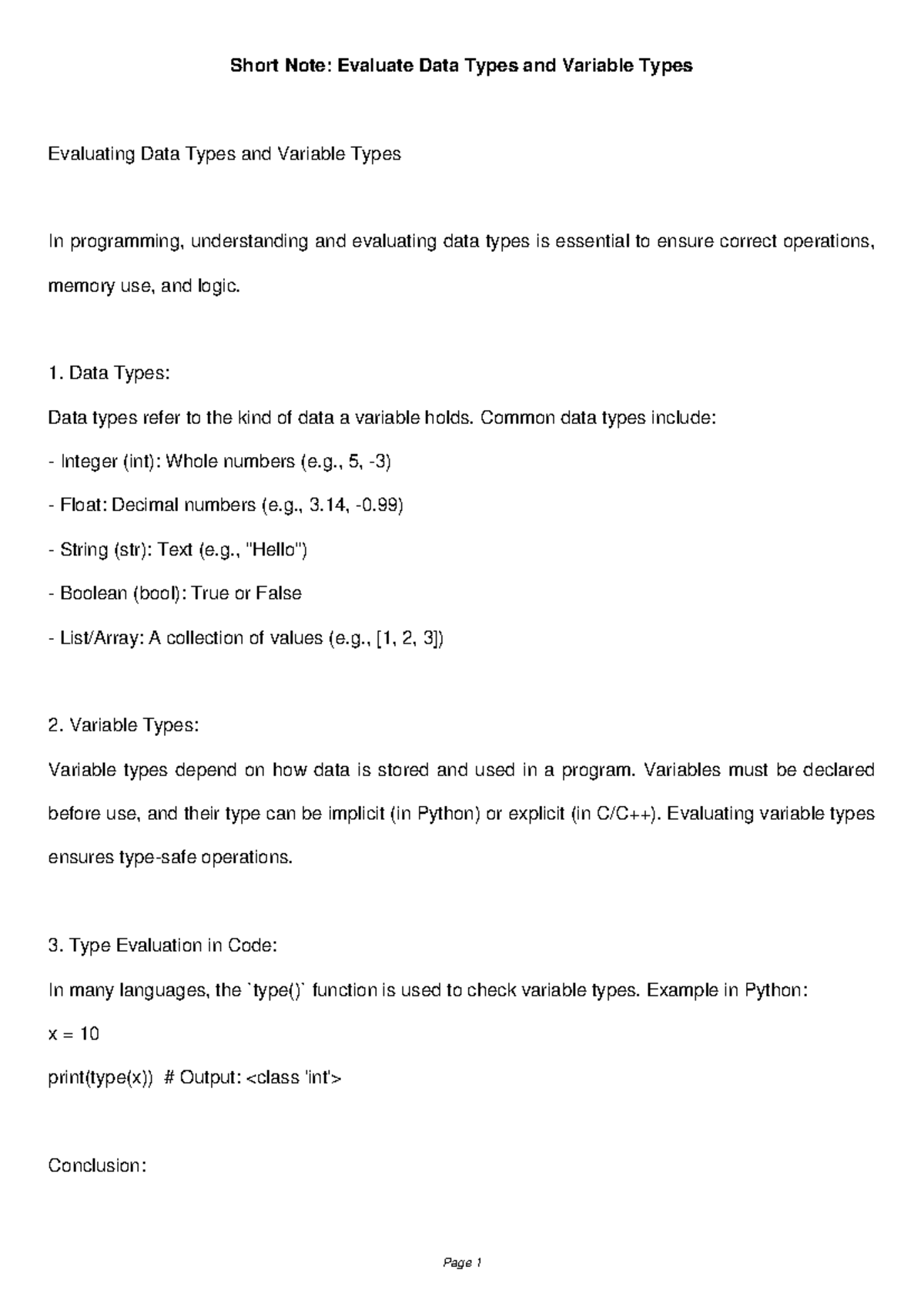 CS101: Short Note on Evaluating Data and Variable Types - Studocu