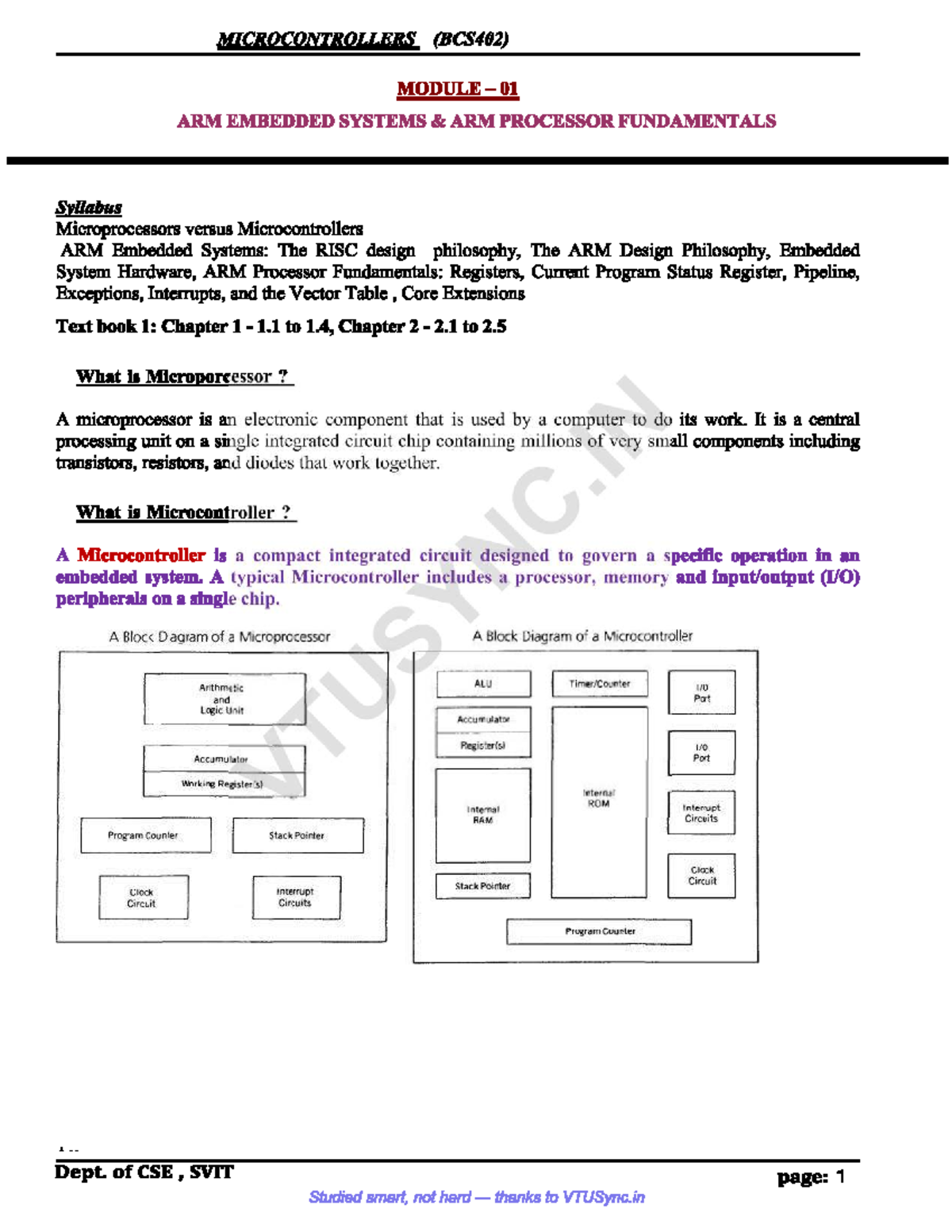 Microcontrollers (BCS402) Module 01: ARM Embedded Systems Overview ...