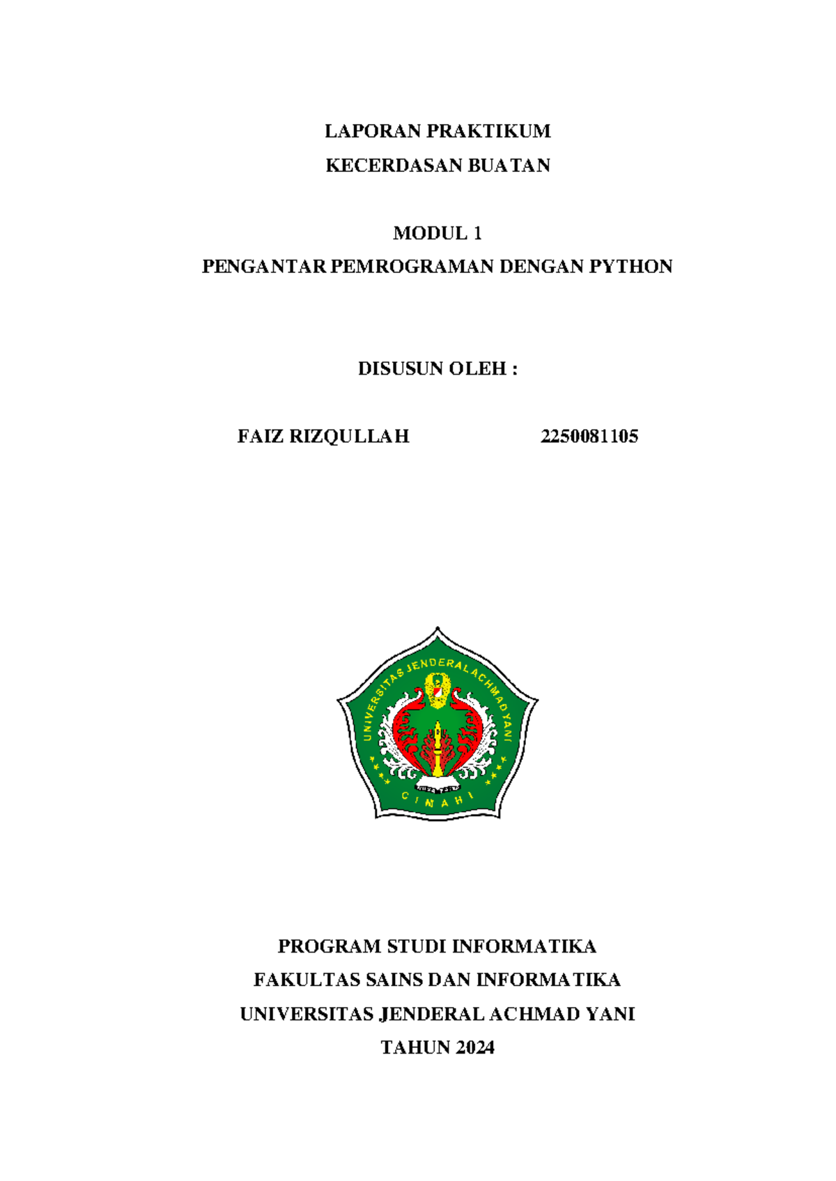 2250081105 Praktikum Kecerdasan Buatan: Pemrograman Python Modul 1 ...