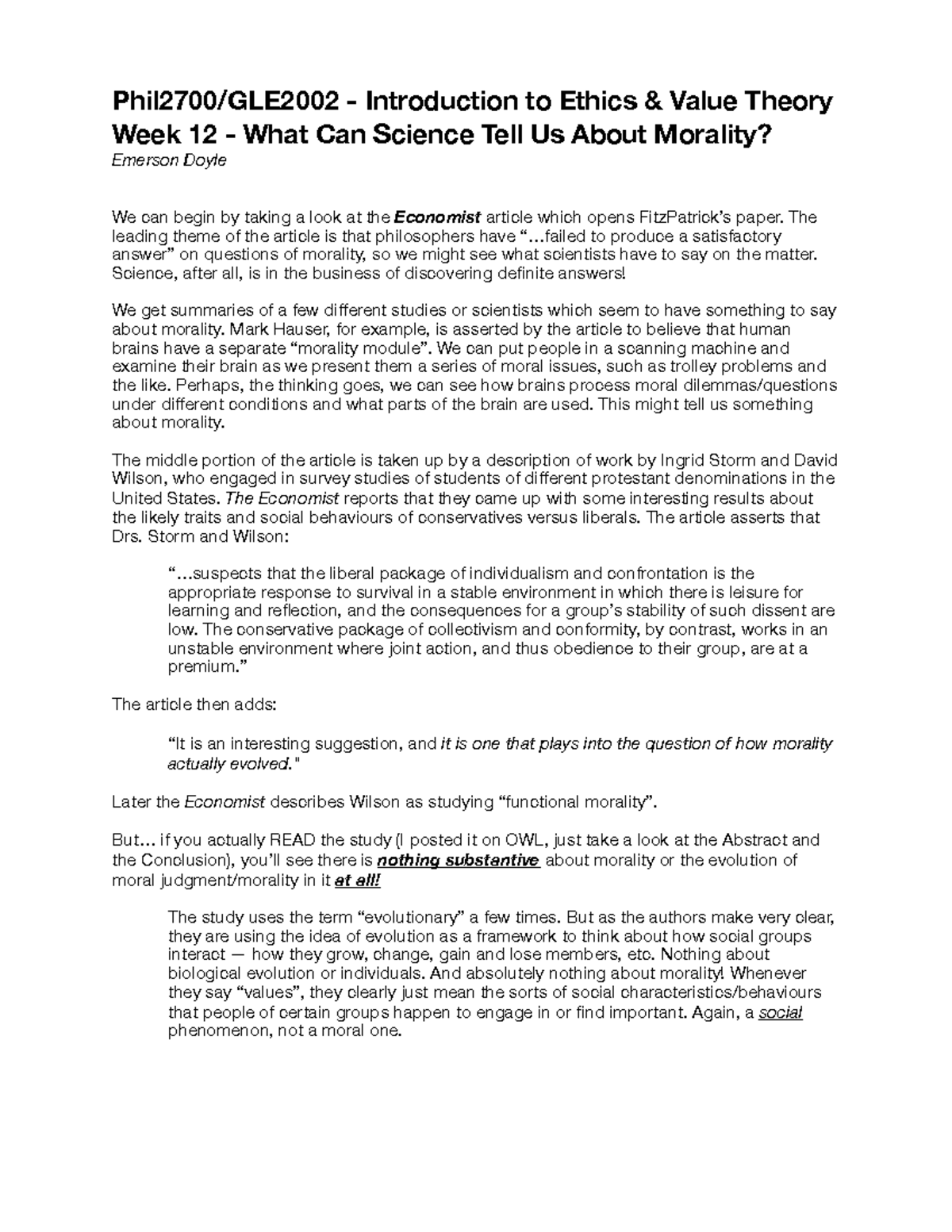 Week 12 - 2700 - Science and Morality: Insights from Ethics - Studocu
