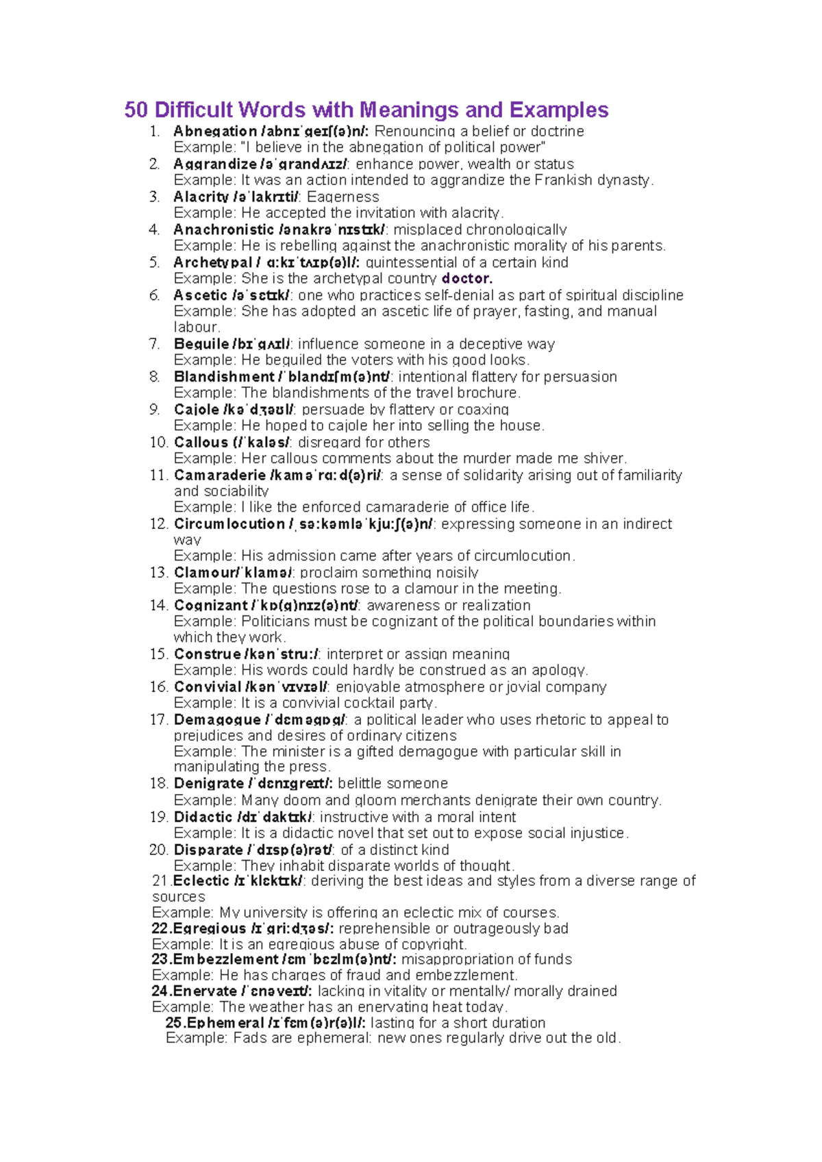 Difficult Vocabulary List with Meanings and Examples for ESL Students ...