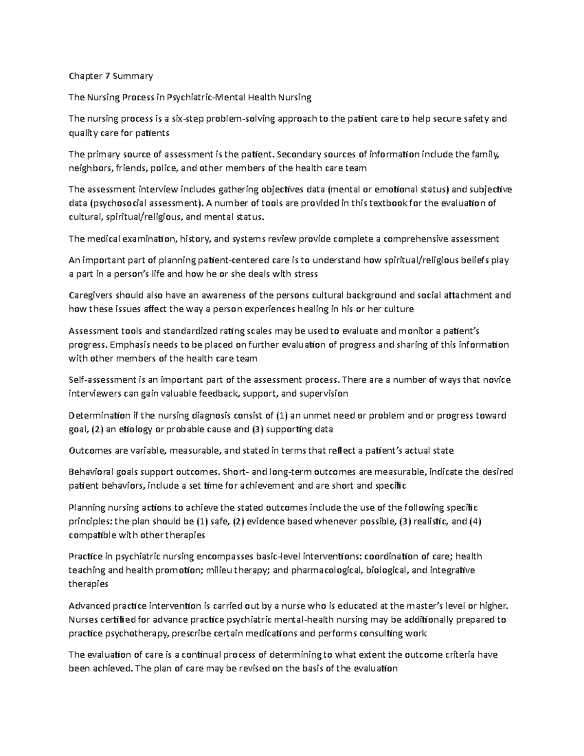 Psych 101: Chapter 7 Summary - The Nursing Process in Mental Health ...