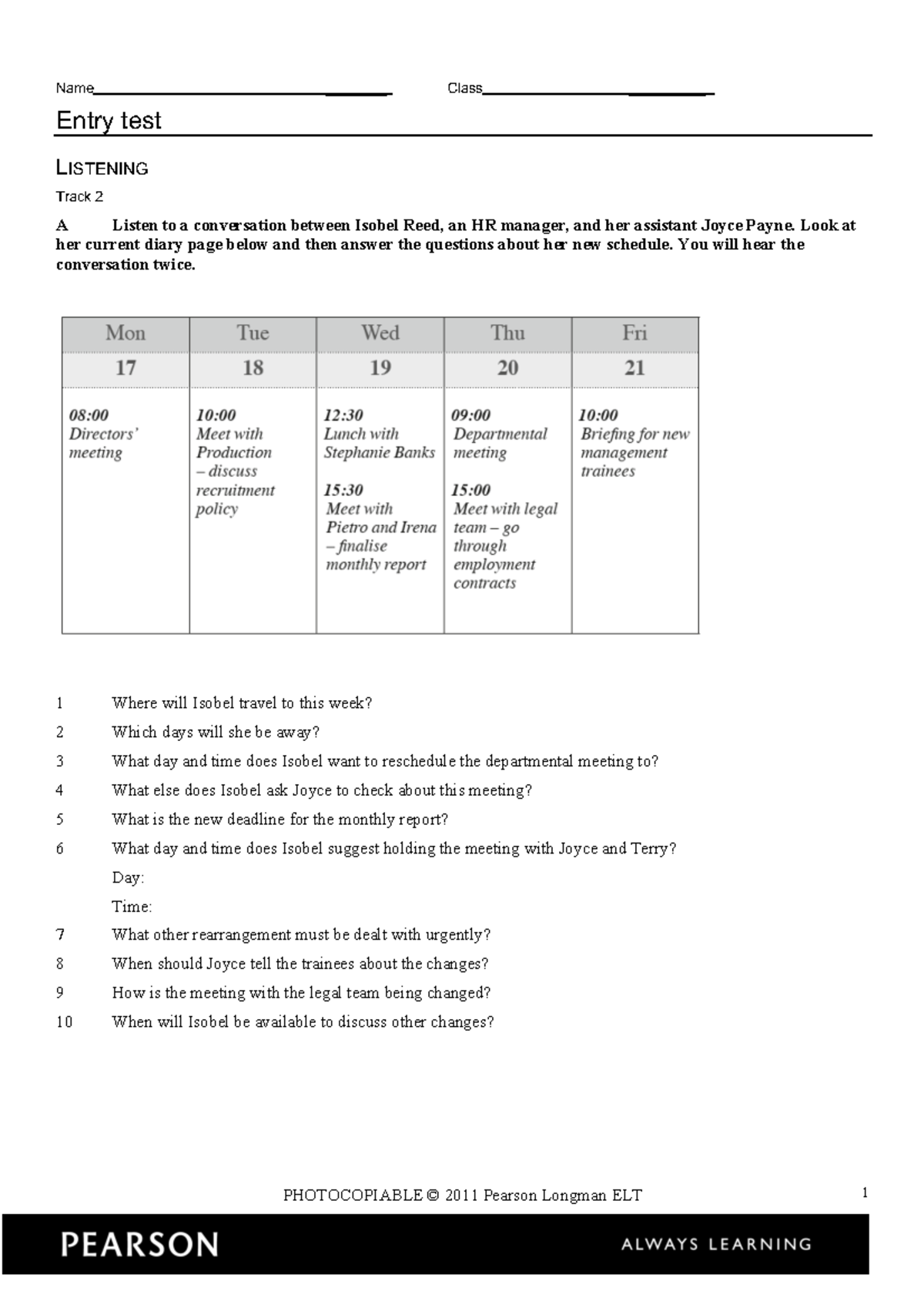Entry Test PDF - Listening & Language Tasks - Studocu