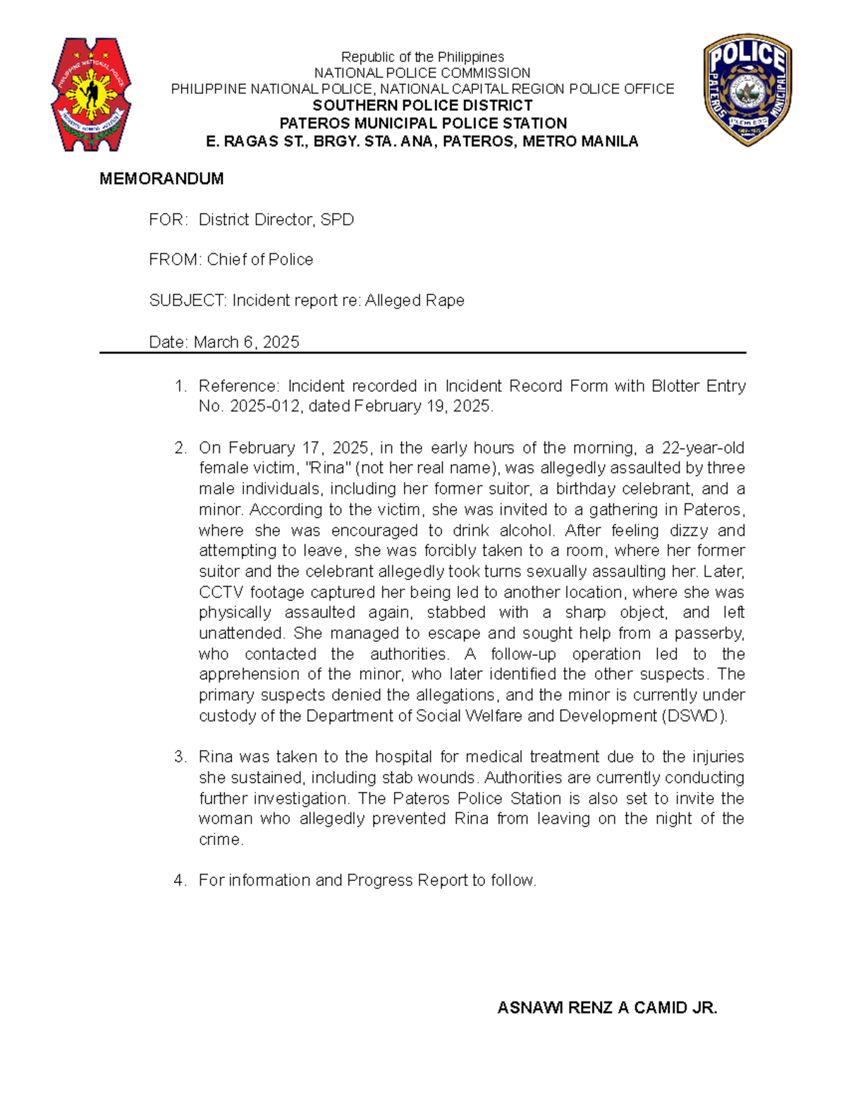 Incident Report: Alleged Rape Case in Pateros - March 6, 2025 - Studocu