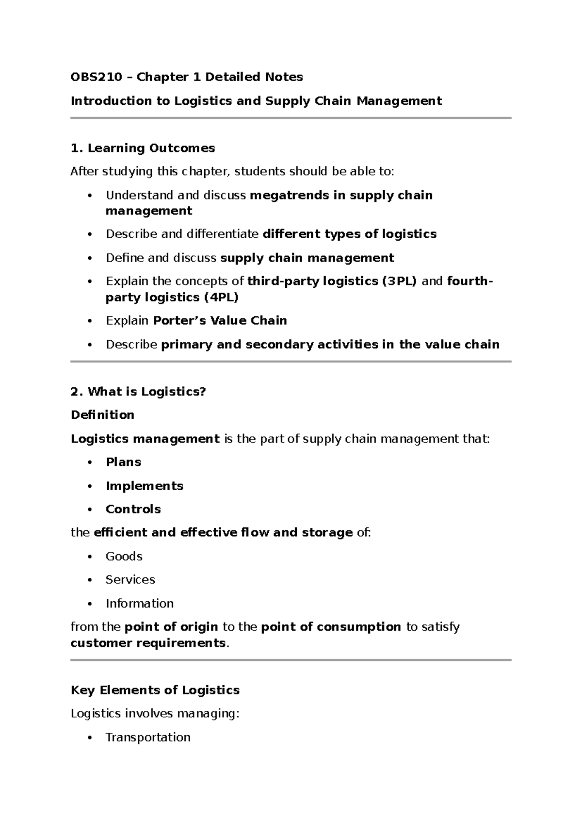 OBS210 Chapter 1: Intro to Logistics & Supply Chain Management Notes ...