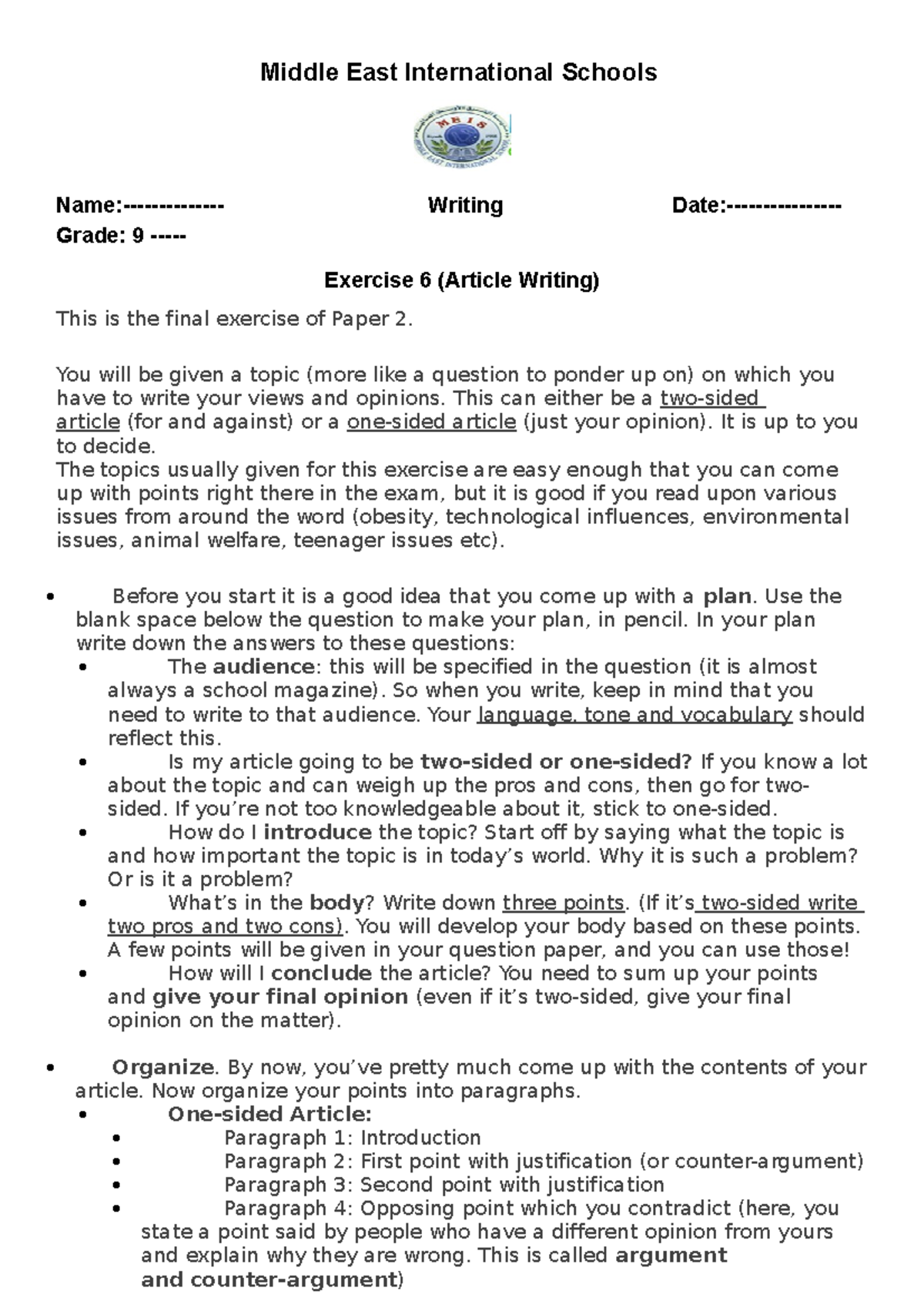 Writing Tips for Grade 9 Article Wrtng Exercise (Paper 2) - Studocu