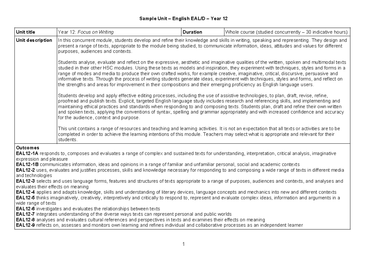 EALD Year 12 Focus on Writing: Comprehensive Unit Guide - Studocu