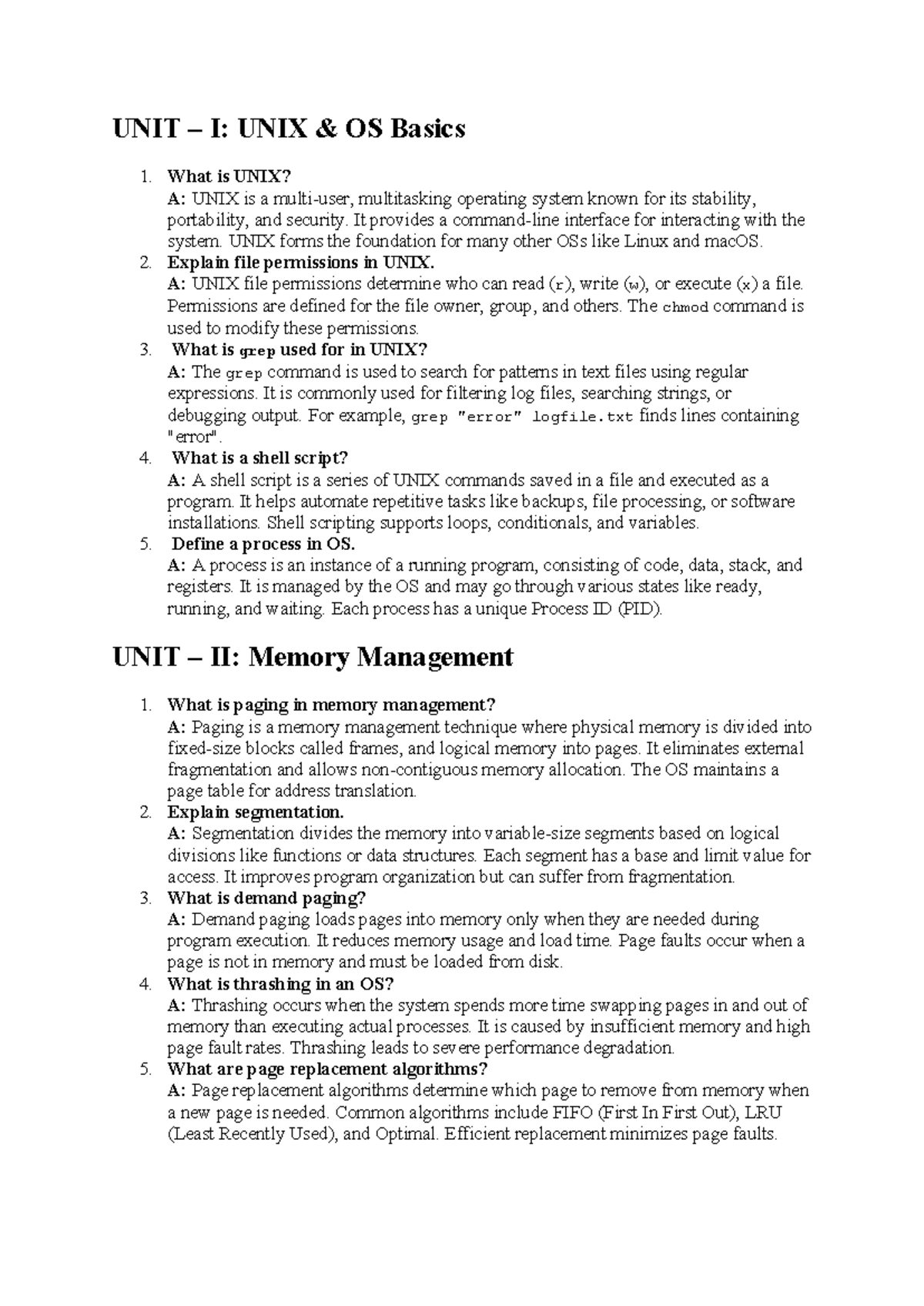 OS 101: UNIX Basics and Memory Management - Viva Questions - Studocu