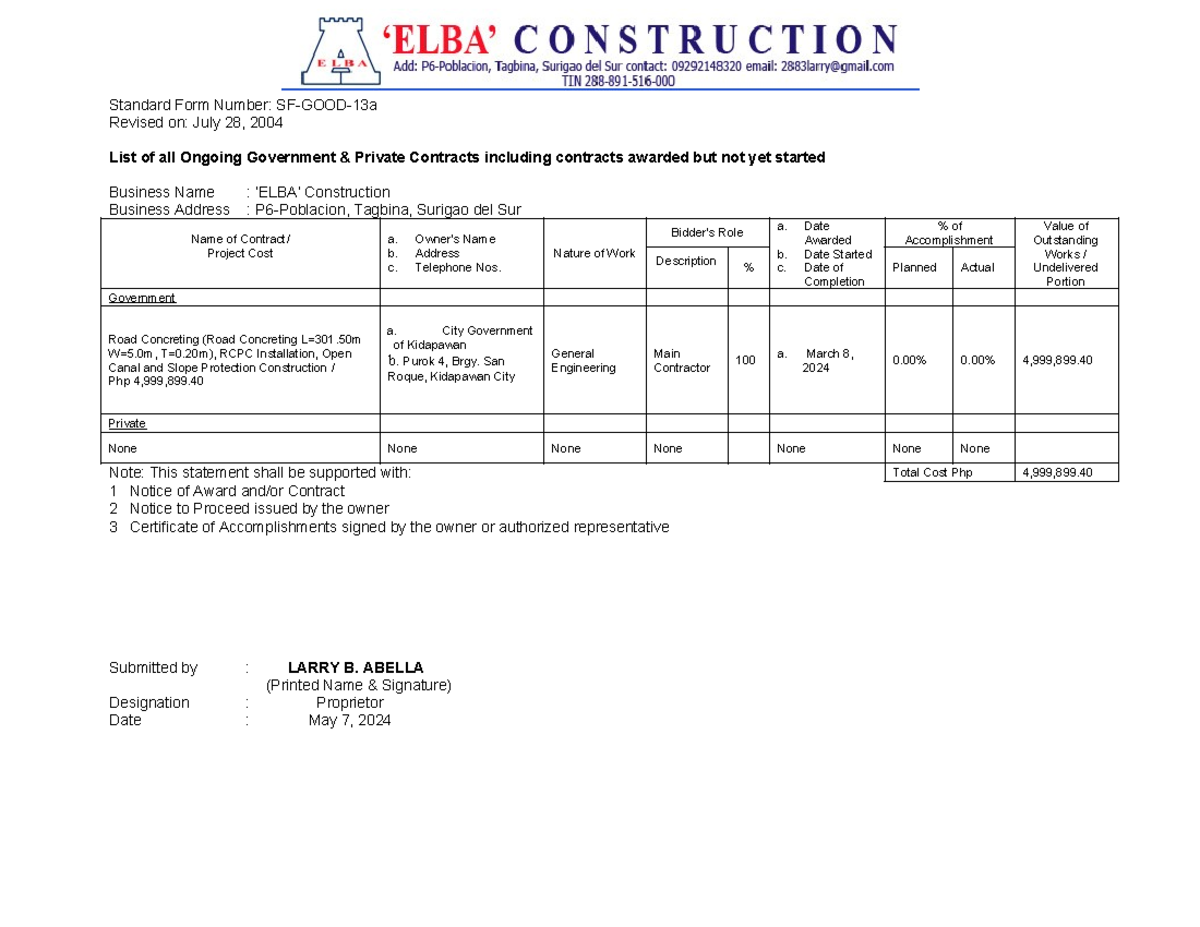 Ongoing Projects List for ELBA Construction (SF-GOOD-13a) - Studocu
