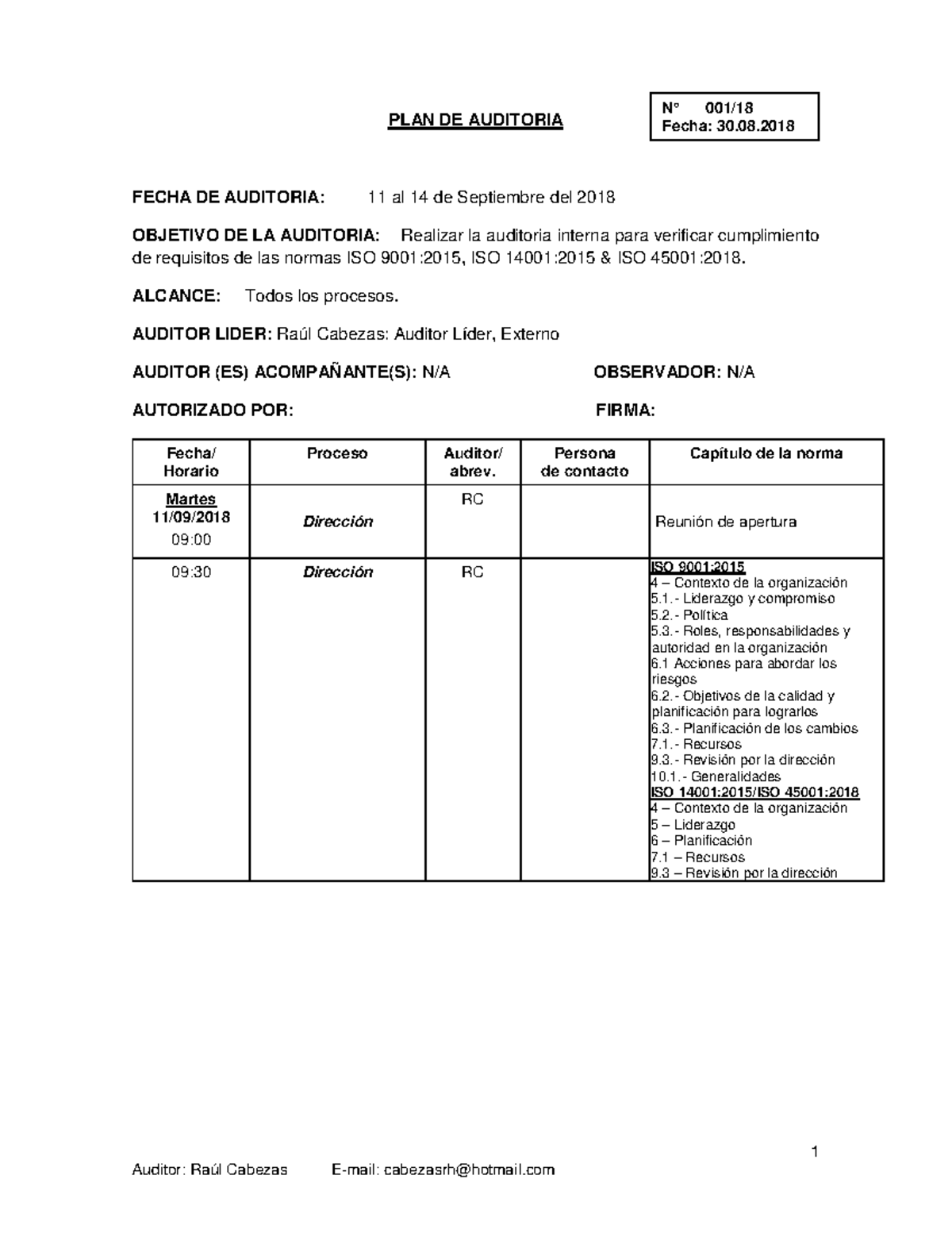 Plan de Auditoría Interna SGI ISO 9001, 14001, 45001 - Sept 2018 - Studocu