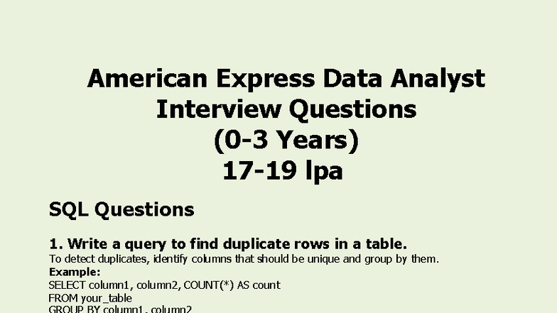 SQL Interview Questions for American Express Data Analyst Role - Studocu
