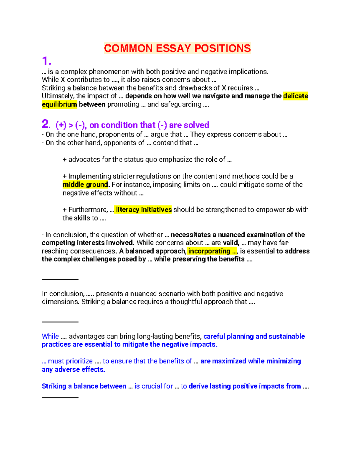 Common Essay Positions: Analyzing Diverse Perspectives - Studocu