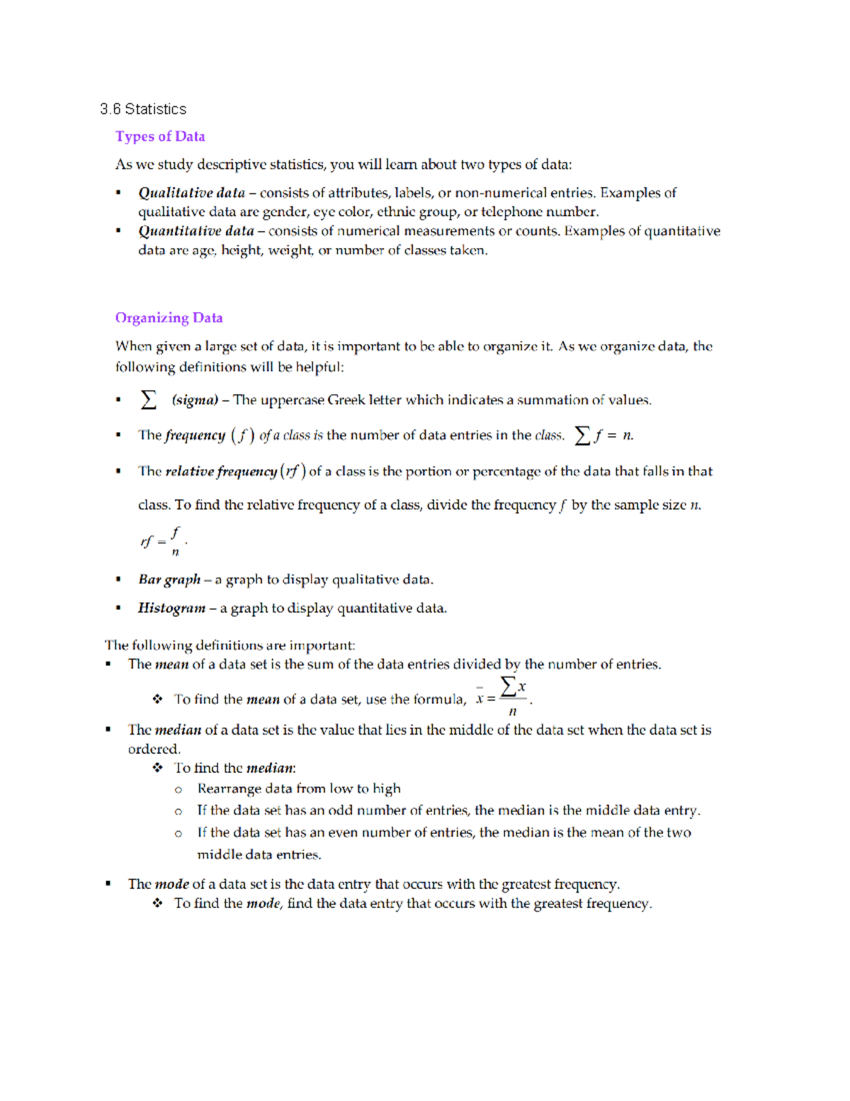 3.6 Statistics - Types of Data and Organizing Methods Notes - Studocu