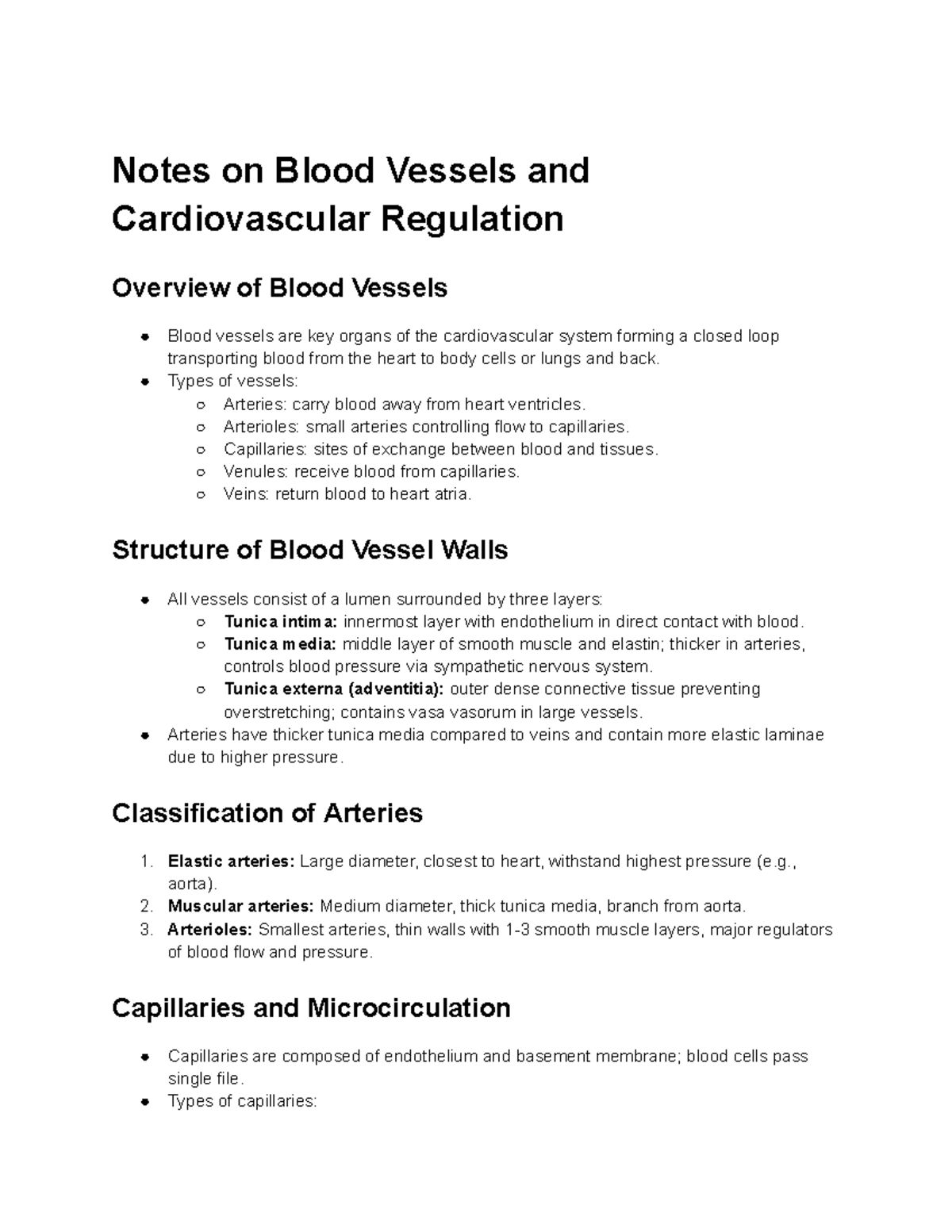 Notes on Blood Vessels & Cardiovascular Regulation (BIO 101) - Studocu