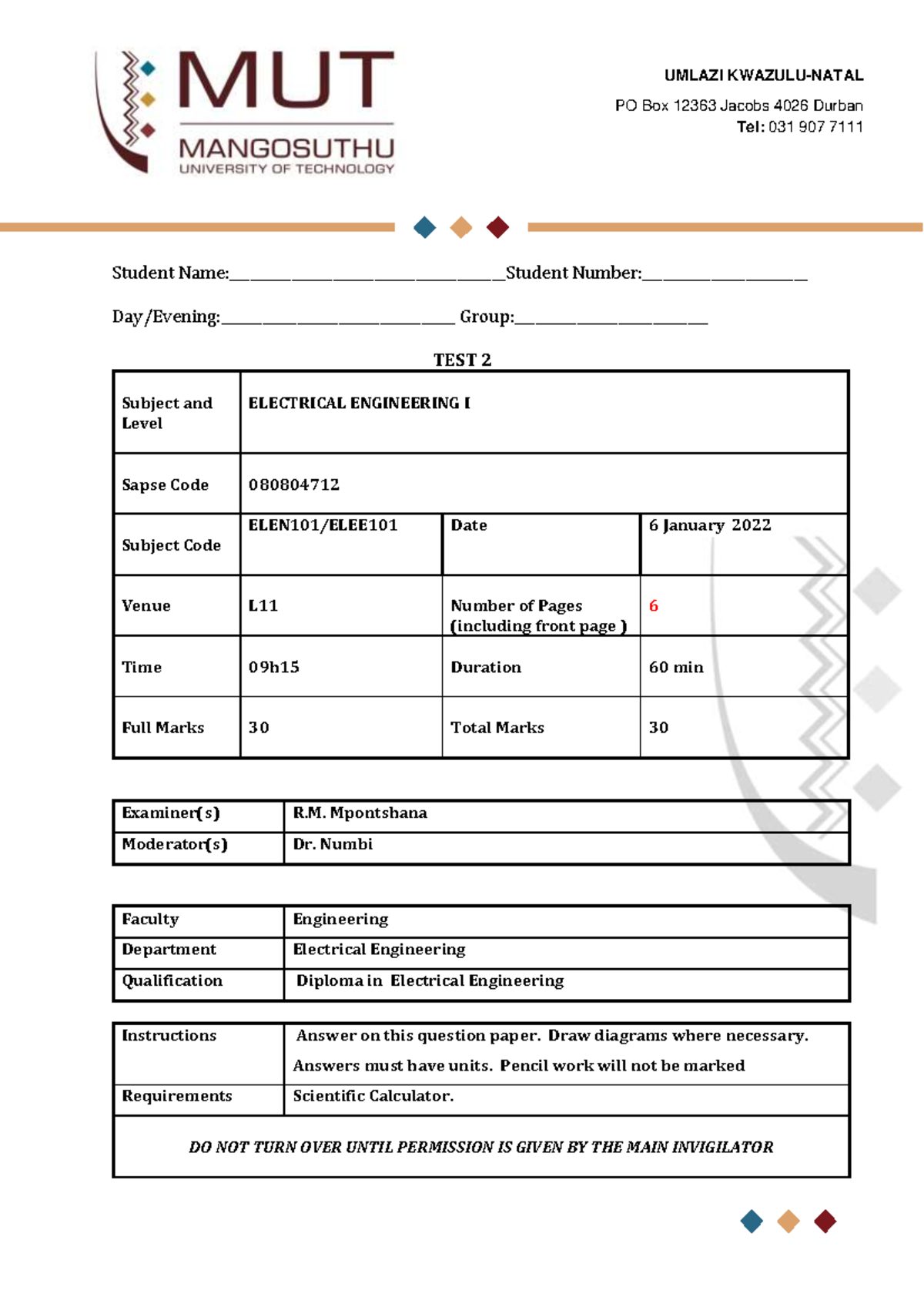 Test 2: Electrical Engineering I (080804712) Practice Material - Studocu