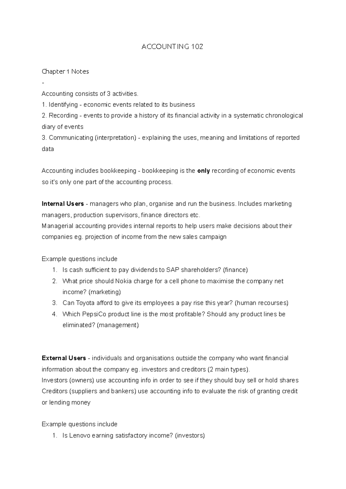 Accounting 102 - Chapter 1 Notes on Financial Principles - Studocu