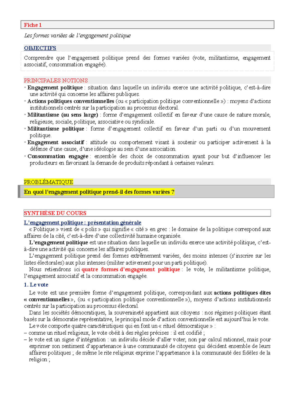 Fiche sur les Formes Variées de l'Engagement Politique en Politique 101 ...