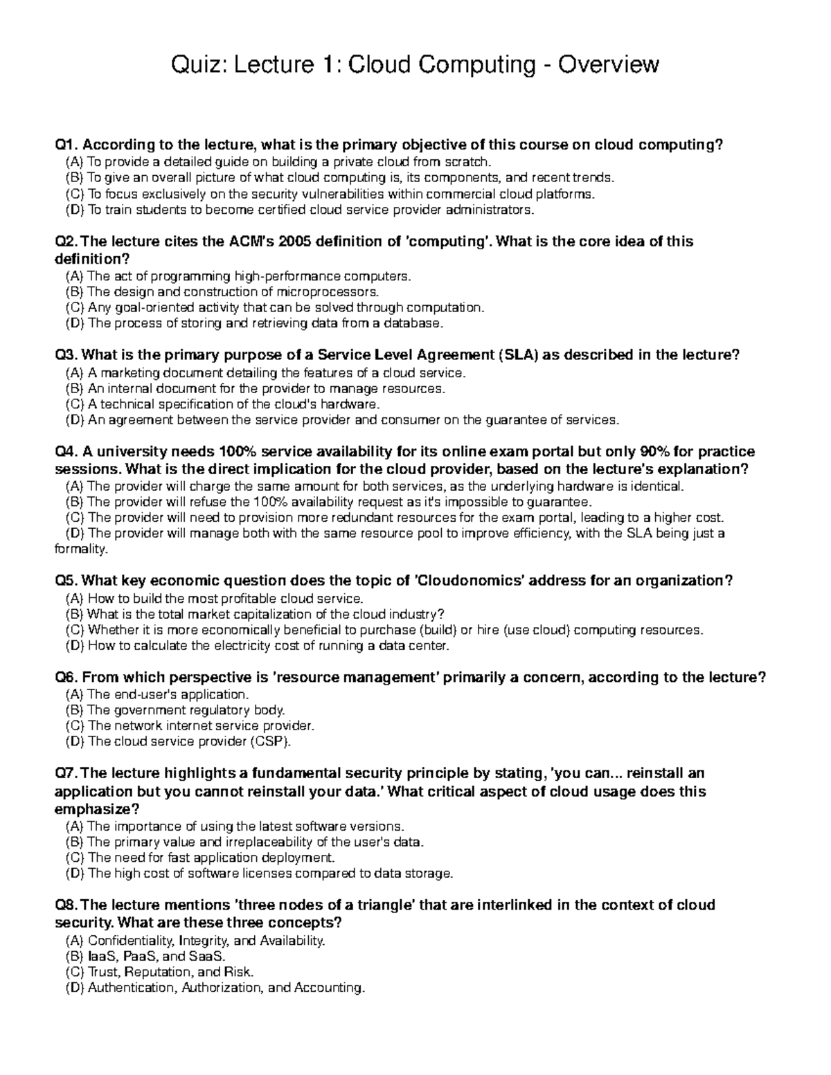Quiz: Lecture 1 - Overview of Cloud Computing Concepts (W1L1) - Studocu