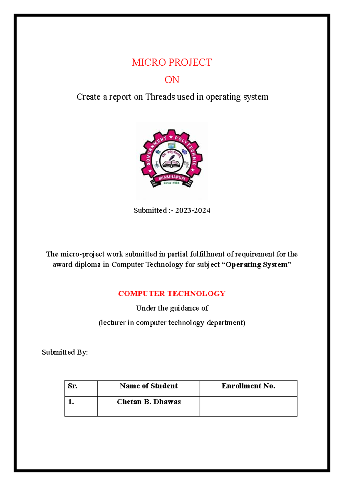 Micro Project Report on Threads in OS - Computer Technology Diploma ...