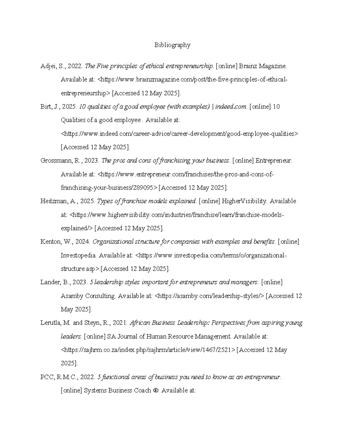 Entrepreneurship Bibliography: Key Readings and Resources - Studocu